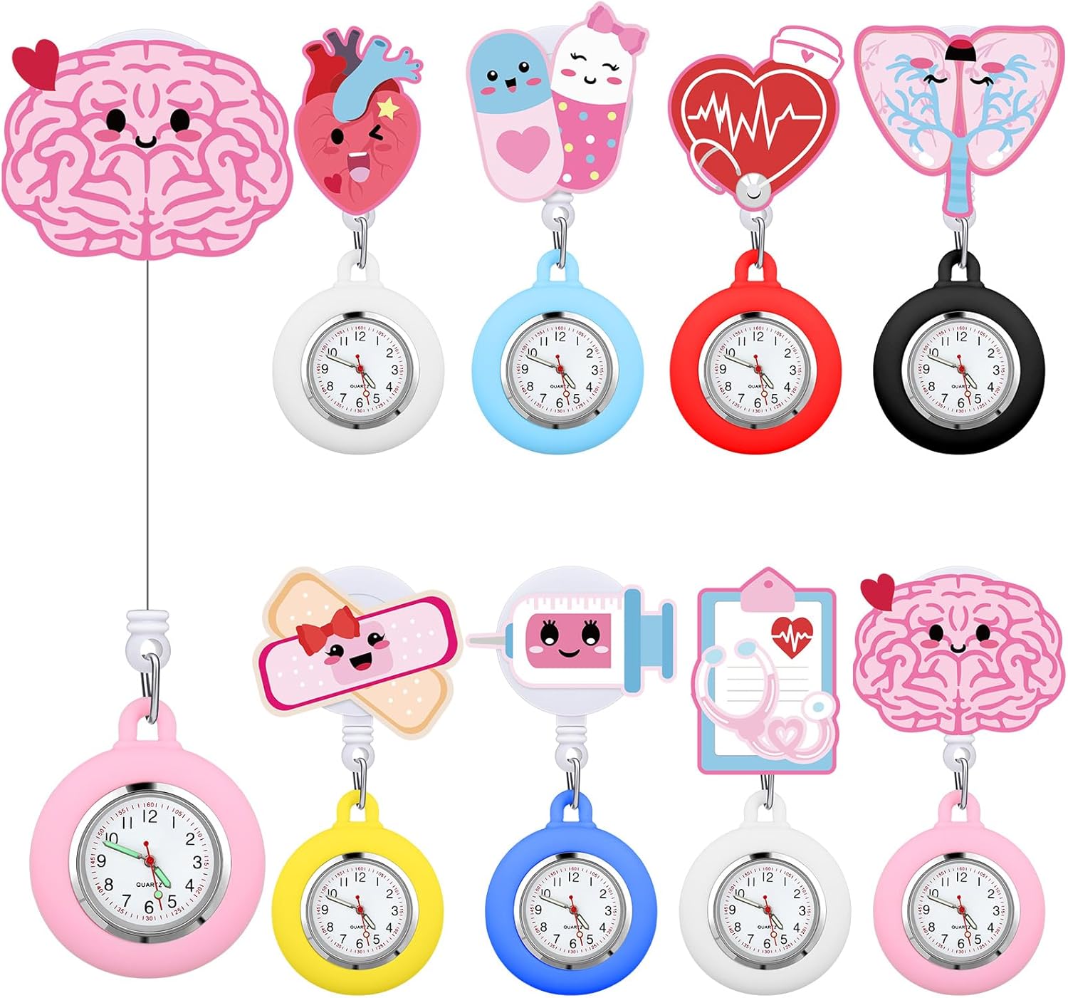 Fullhawl 8 Pcs Retractable Nurse Watch for Nurse Doctor Appreciation Gift Clip on Lapel Watch Brooch Decoration Badge Reel