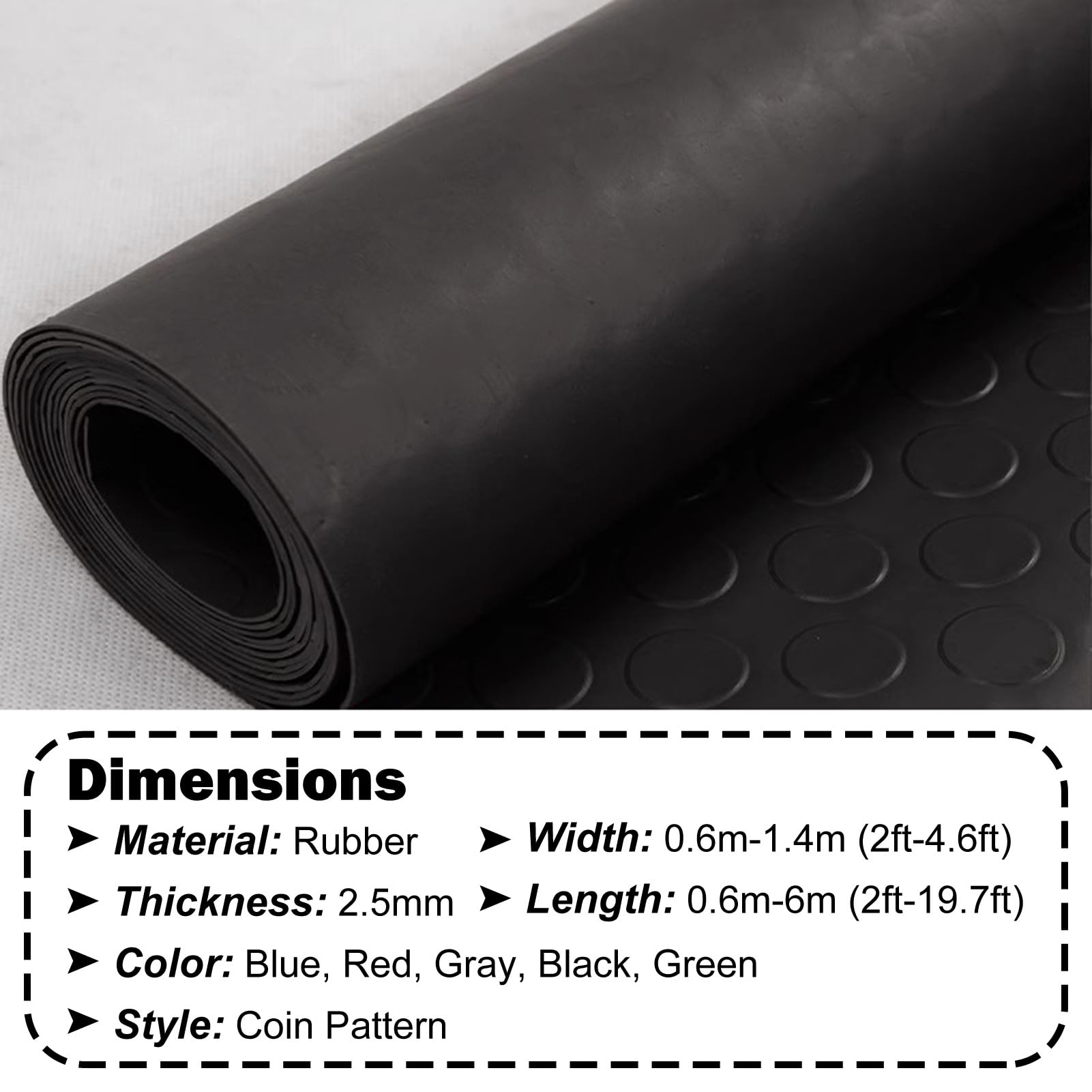 Tappetino da palestra in gomma antiscivolo resistente, impermeabile, spessore 2,5 mm, rotolo nero 1 x 3,5 m / 3.3x11.5ft, per uso domestico e in palestra