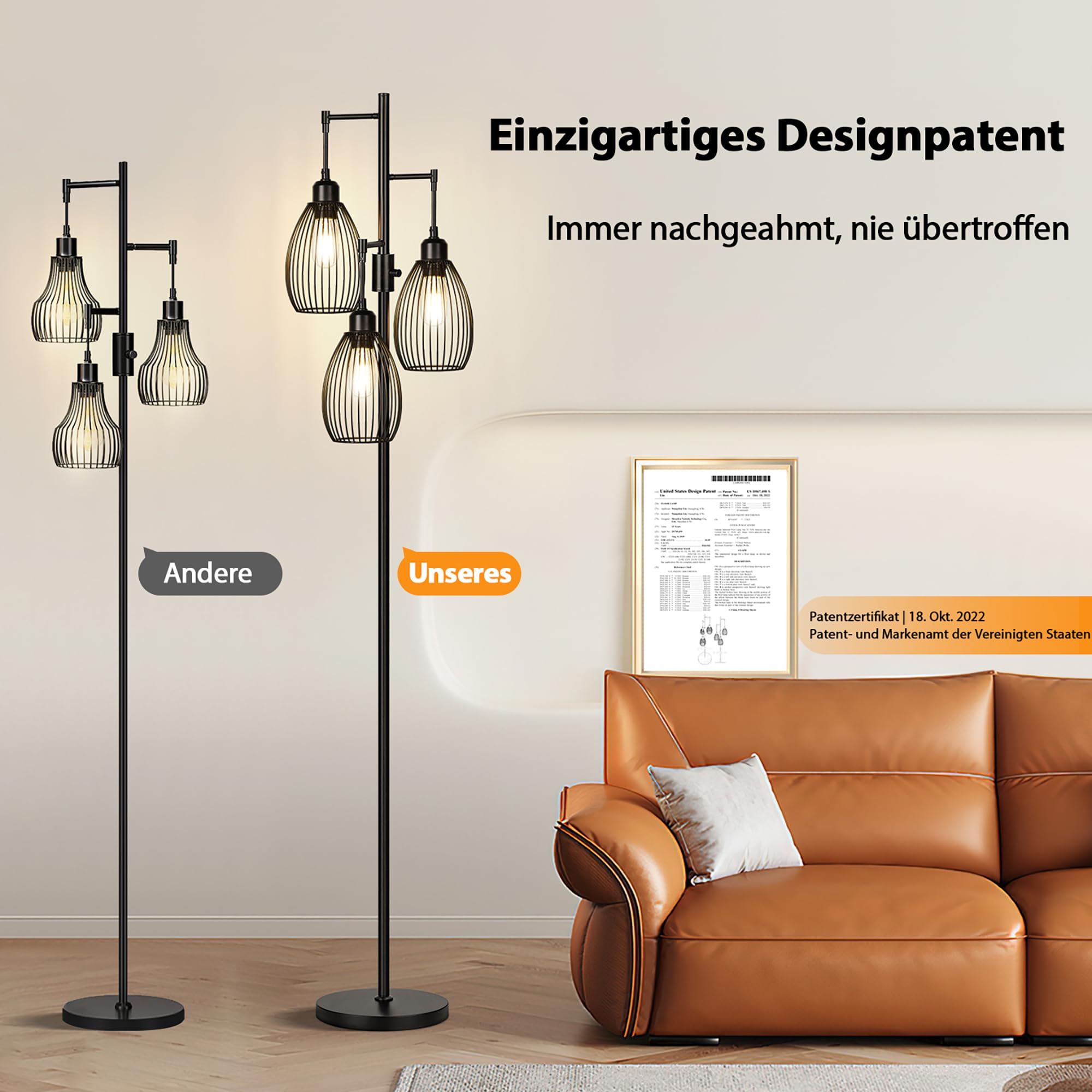 Nintiue Stehlampe Wohnzimmer Dimmbare, mit 3 x 800 LM LED-Glühbirnen, Industrie Bogenlampe stehleuchte mit Elegante tropfenförmige Käfig-Hochlampen für Wohnzimmer und Schlafzimmer