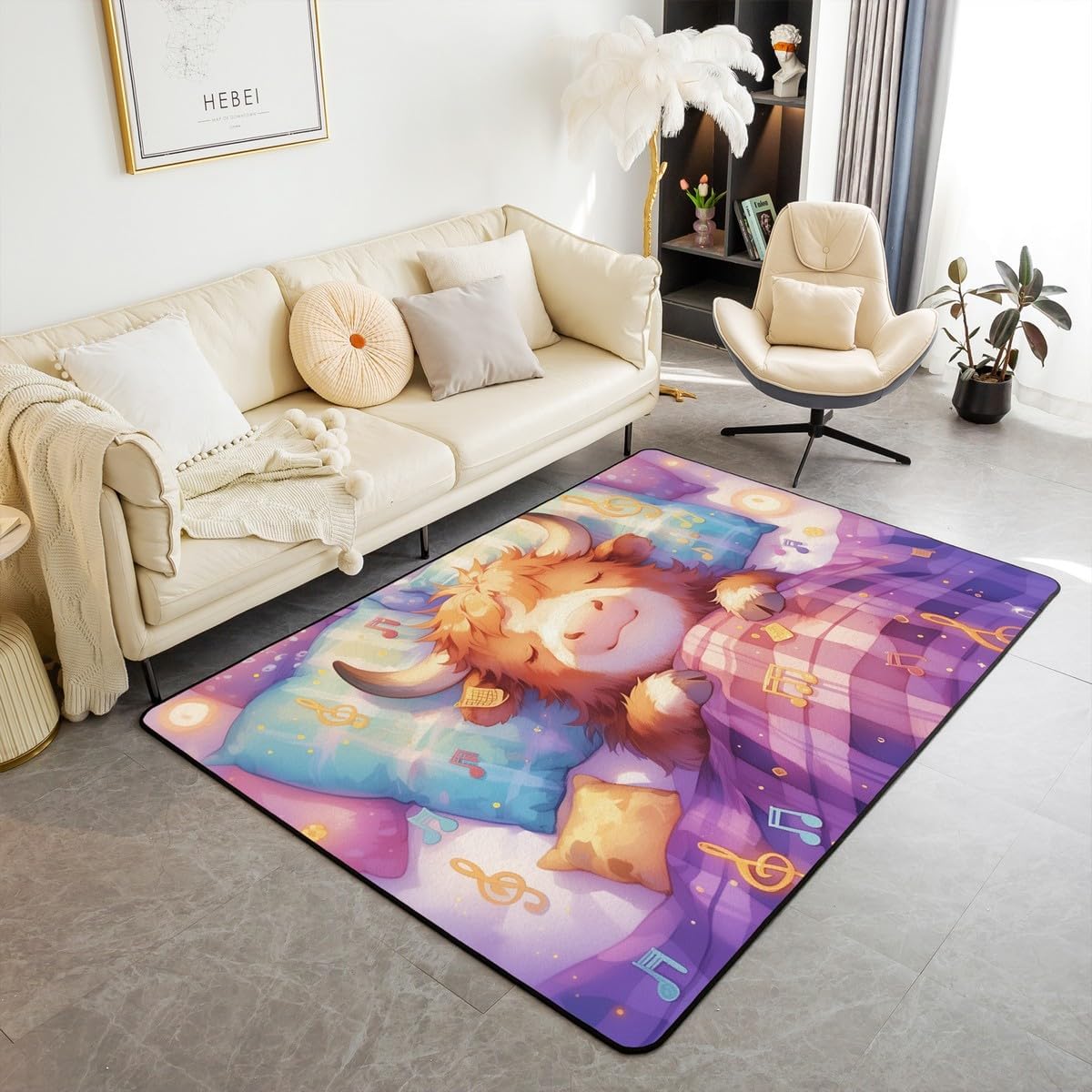 jejeloiu Kids Highland Cow Area Rug 5x7 Cute Highland Cattle Living Room Rugs for Boys Girls Teens Cartoon Kawaii Animal Decorative Carpet Western Decor Indoor Floor Mat