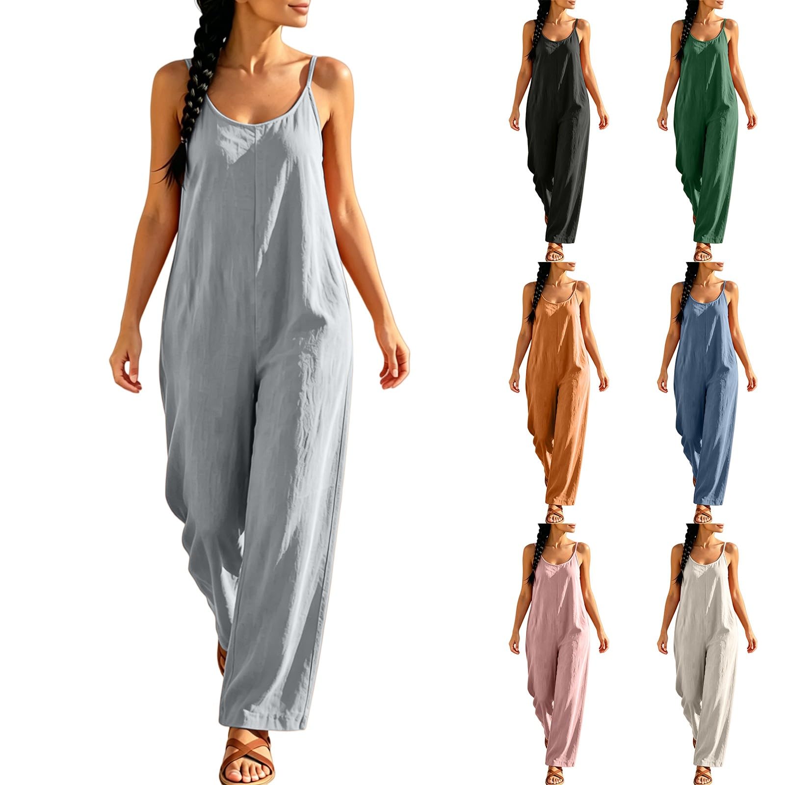 Tuta lunga estiva da donna, a gamba larga, tinta unita, elegante | Tuta estiva leggera e ariosa, senza maniche, spalle scoperte, monopezzo, vestibilità larga, per vacanze, tempo libero