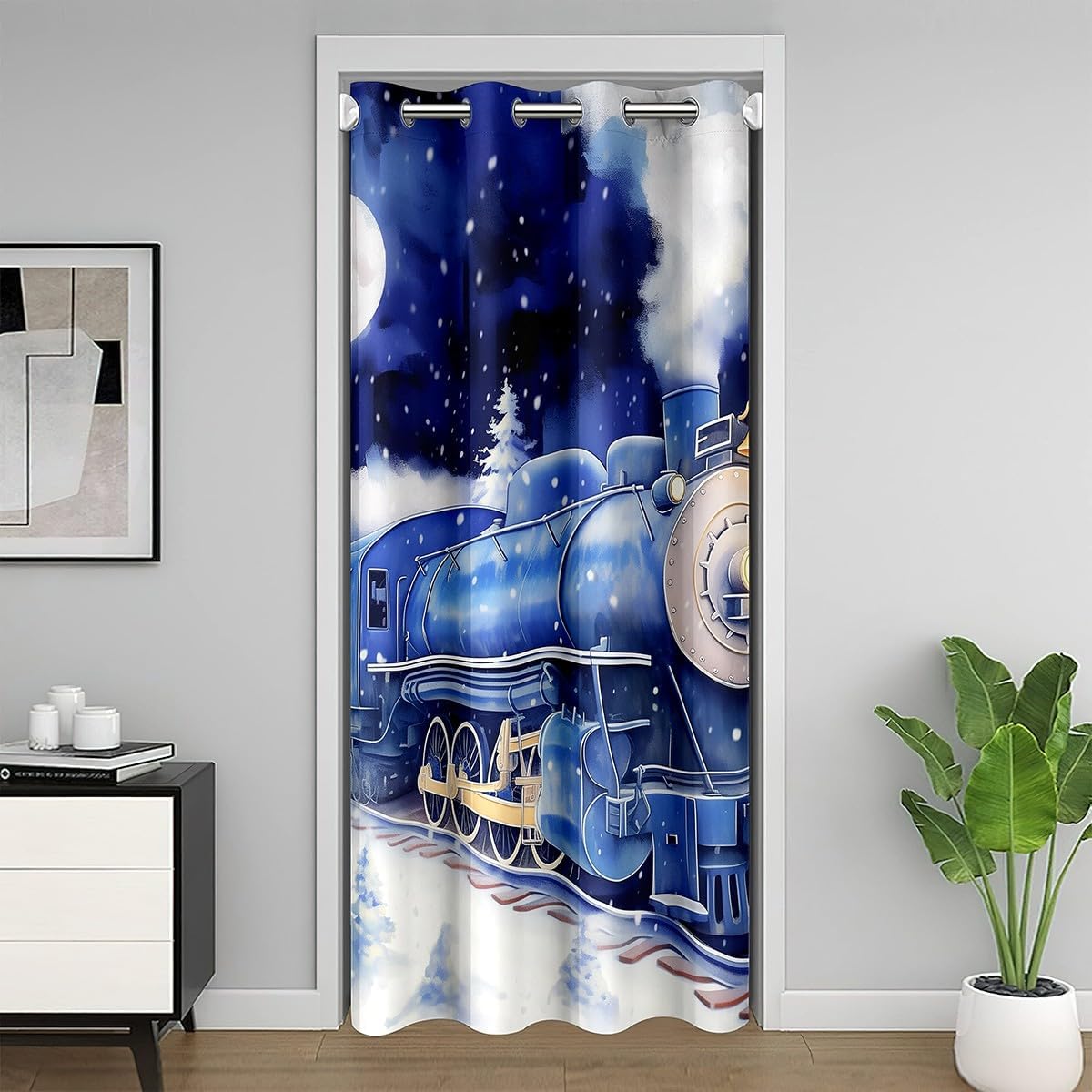Winter Snow Door Curtain for Kids Adults,Kids Cartoon Train Happy New Year Room Divider Curtain Cover for Privacy,Christmas Night Tie Dyed Door Window Curtain 1 Panel,60" W X 80" L