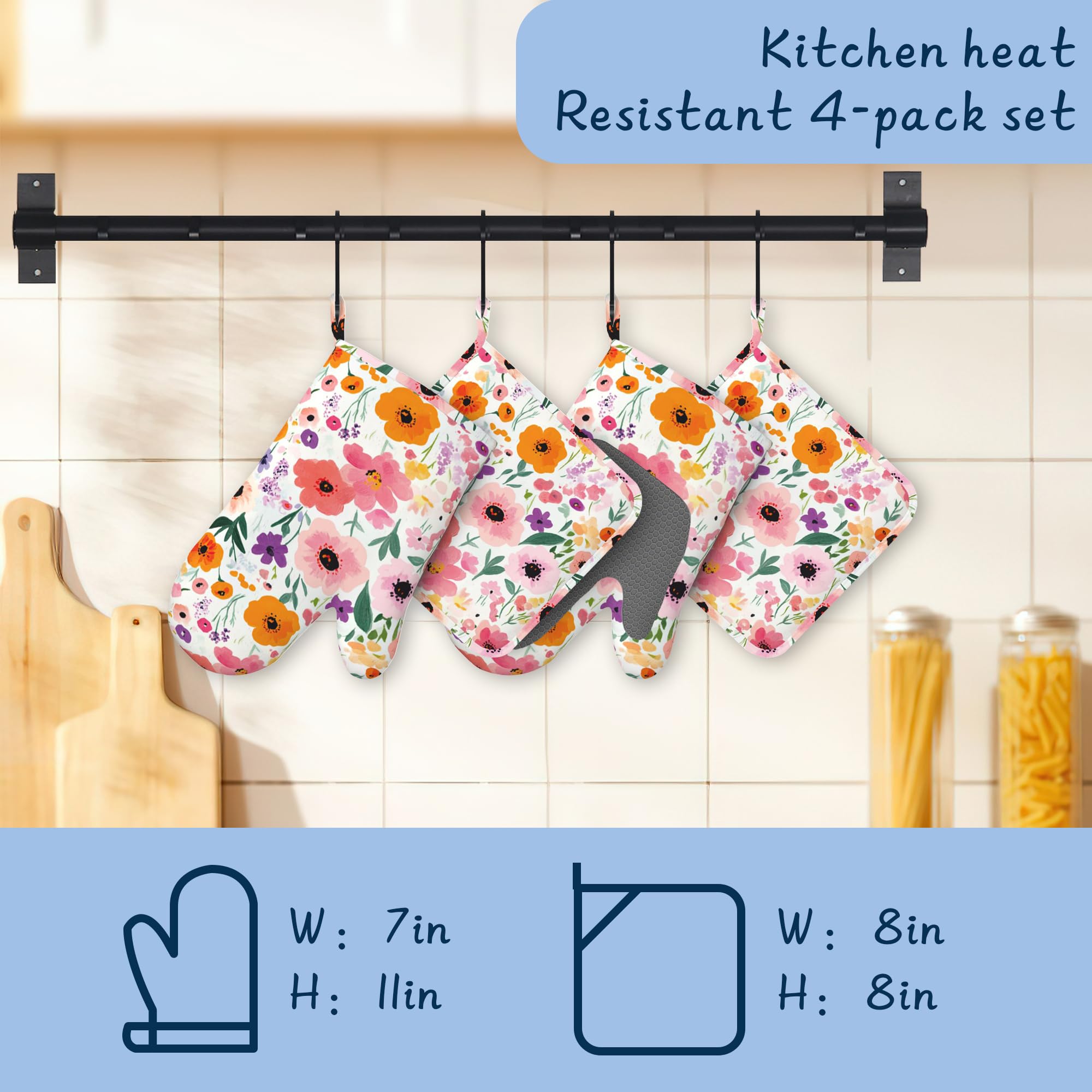 Juego de manoplas de horno y soportes para ollas, manoplas de cocina florales de acuarela extralargas para cocinar, de algodón grueso resistente al calor, utensilios de cocina de silicona para hornear