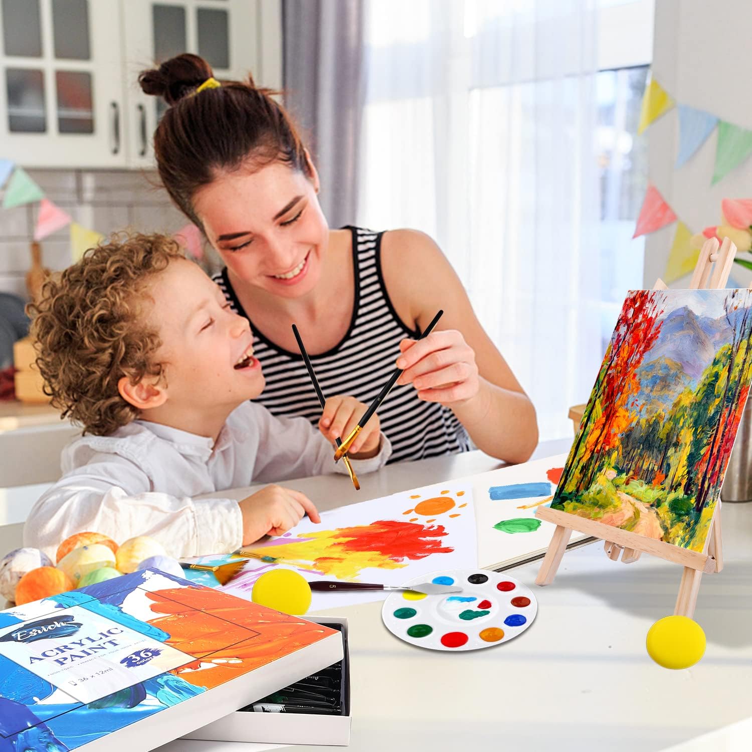 Acrylic Paint Set,56 PCS Professional Painting Supplies with Paint Brushes, 36 Colors Acrylic Paints, 1 Easel, 2 Painting Canvases, Palette, Paint Knives and Art Sponges for Hobbyists and Beginners