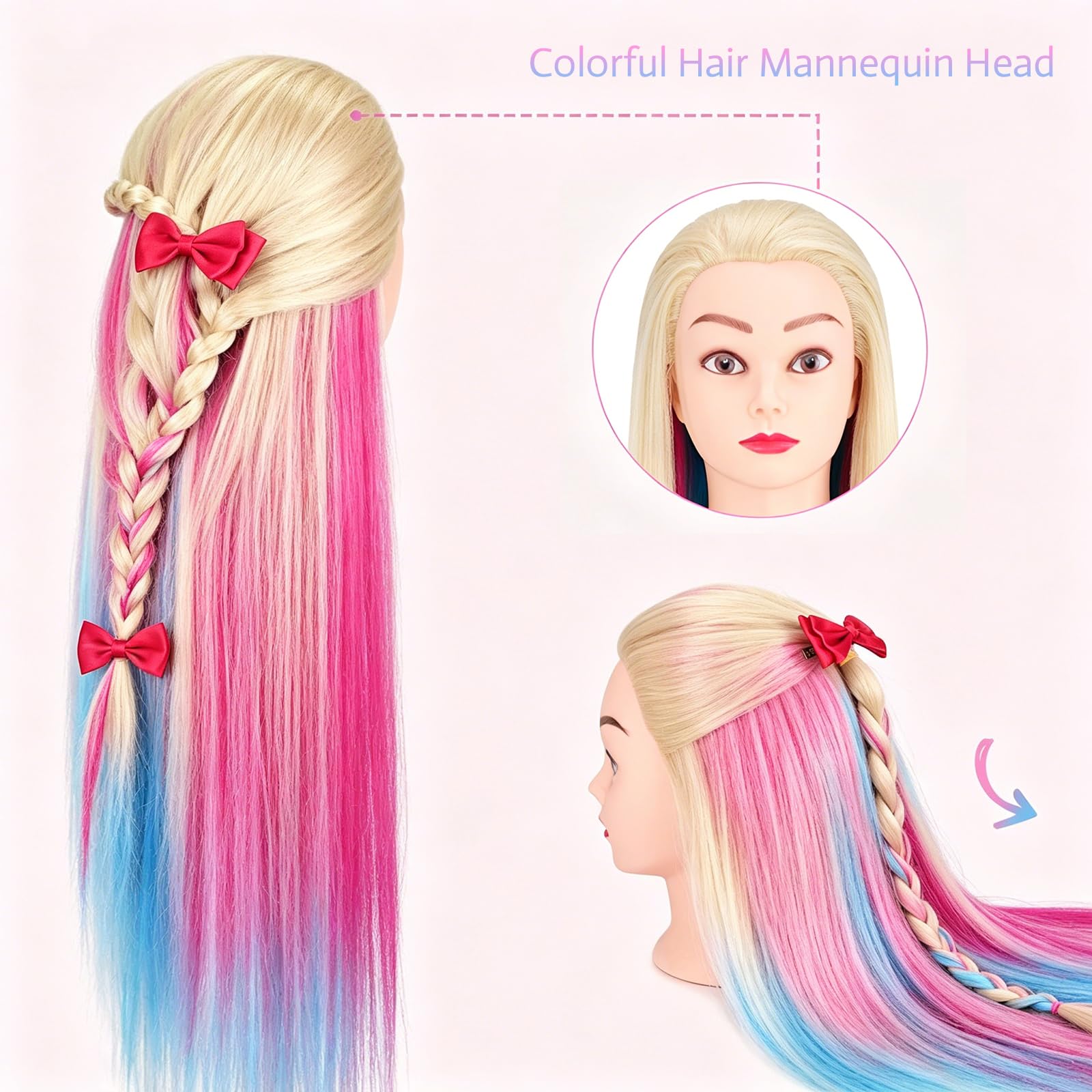 Cabeza Peluqueria, TopDirect 29.5"/75cm Cabello Colorido Cabeza Maniquí Peluqueria Practicas Formación Muñeca de la Cosmetología con Soporte + Accesorios de Peinado Kit Set