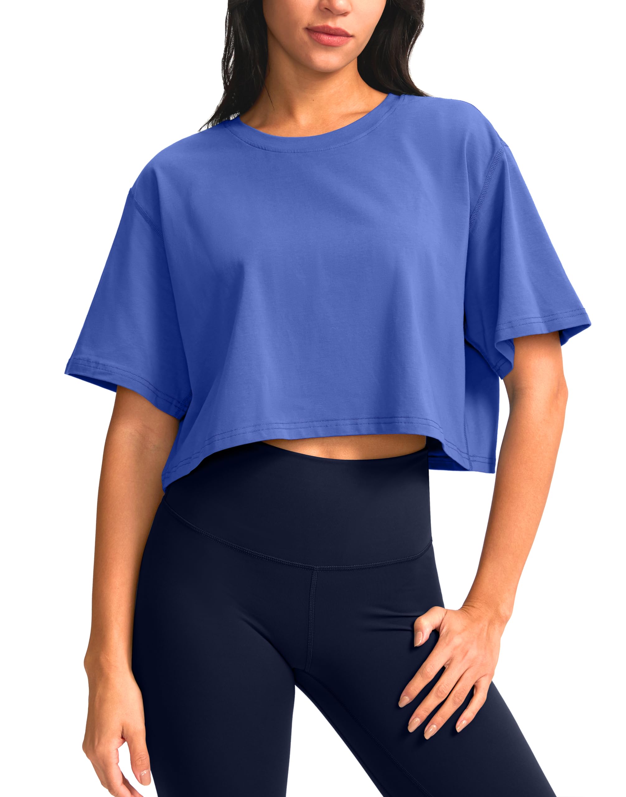SANTINY Cotton Crop Workout Tops for Women Short Sleeve Running Shirts Cropped T-Shirt Yoga Athletic Gym Tops