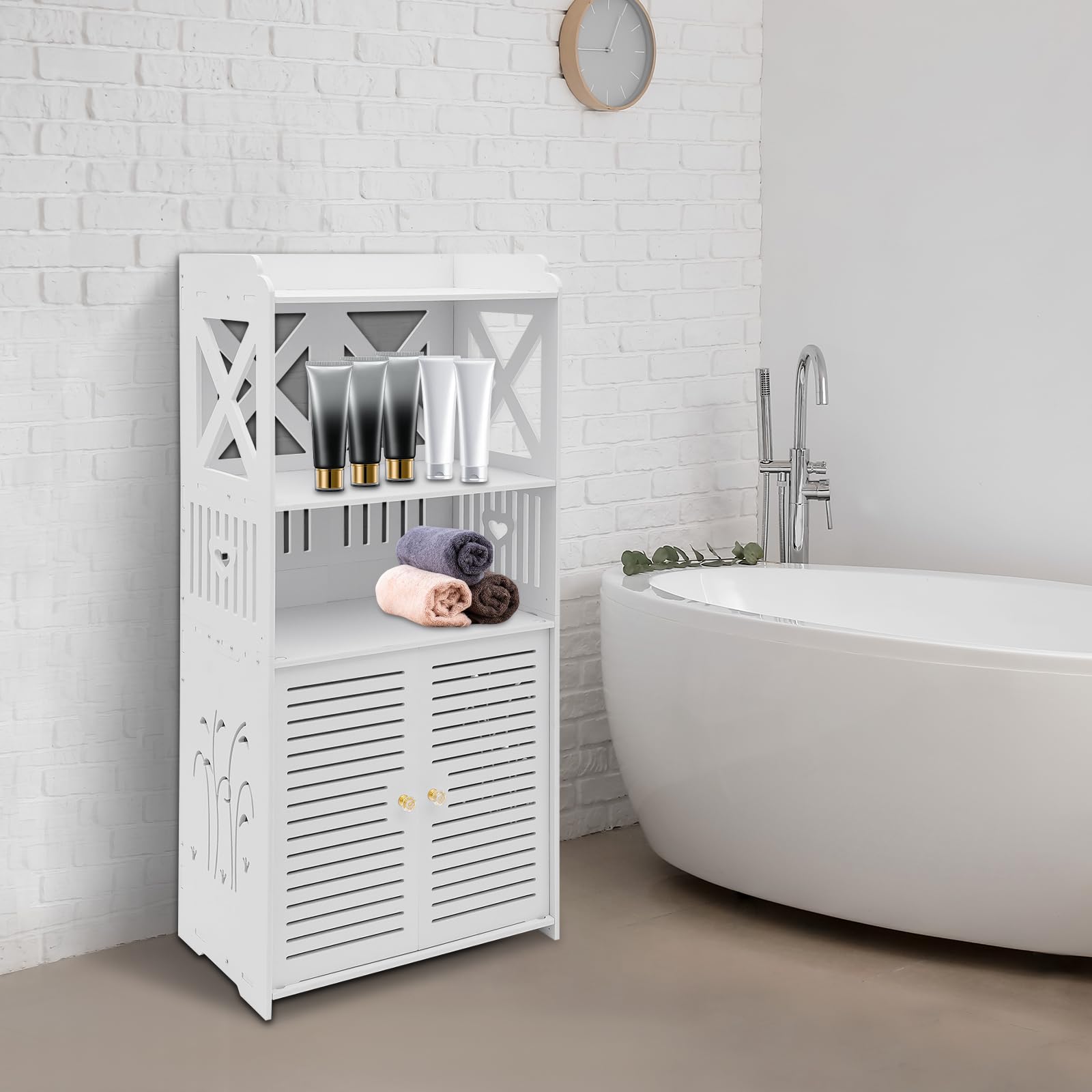 Armadietto da bagno stretto, scaffale da bagno autoportante in PVC, 40 x 25 x 90 cm, armadietto da bagno bianco con scaffale a più livelli e ventilazione per bagno, camera da letto e