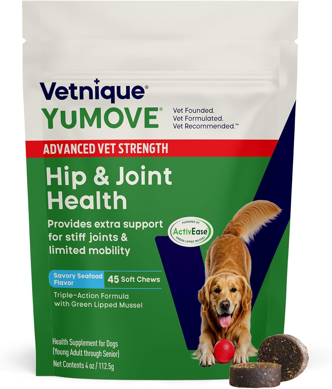 Yumove Hip & Joint Supplement for Dogs with Glucosamine, Hyaluronic Acid, Green Lipped Mussel & Omega 3 Joint Supplement – Regular or Advanced Strength (45 Count, Advanced Vet Strength Soft Chews)
