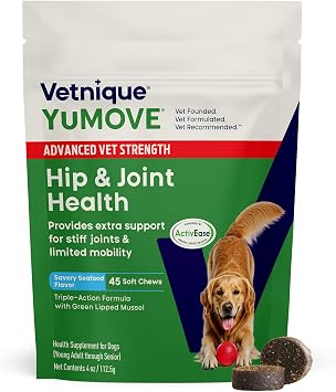 YuMOVE Advanced Vet Strength Hip & Joint Supplement for Dogs - ActivEase Green Lipped Mussel, Glucosamine, Hyaluronic Acid & Omega 3 for Serious Mobility Support 45ct Chews, Advanced Strength