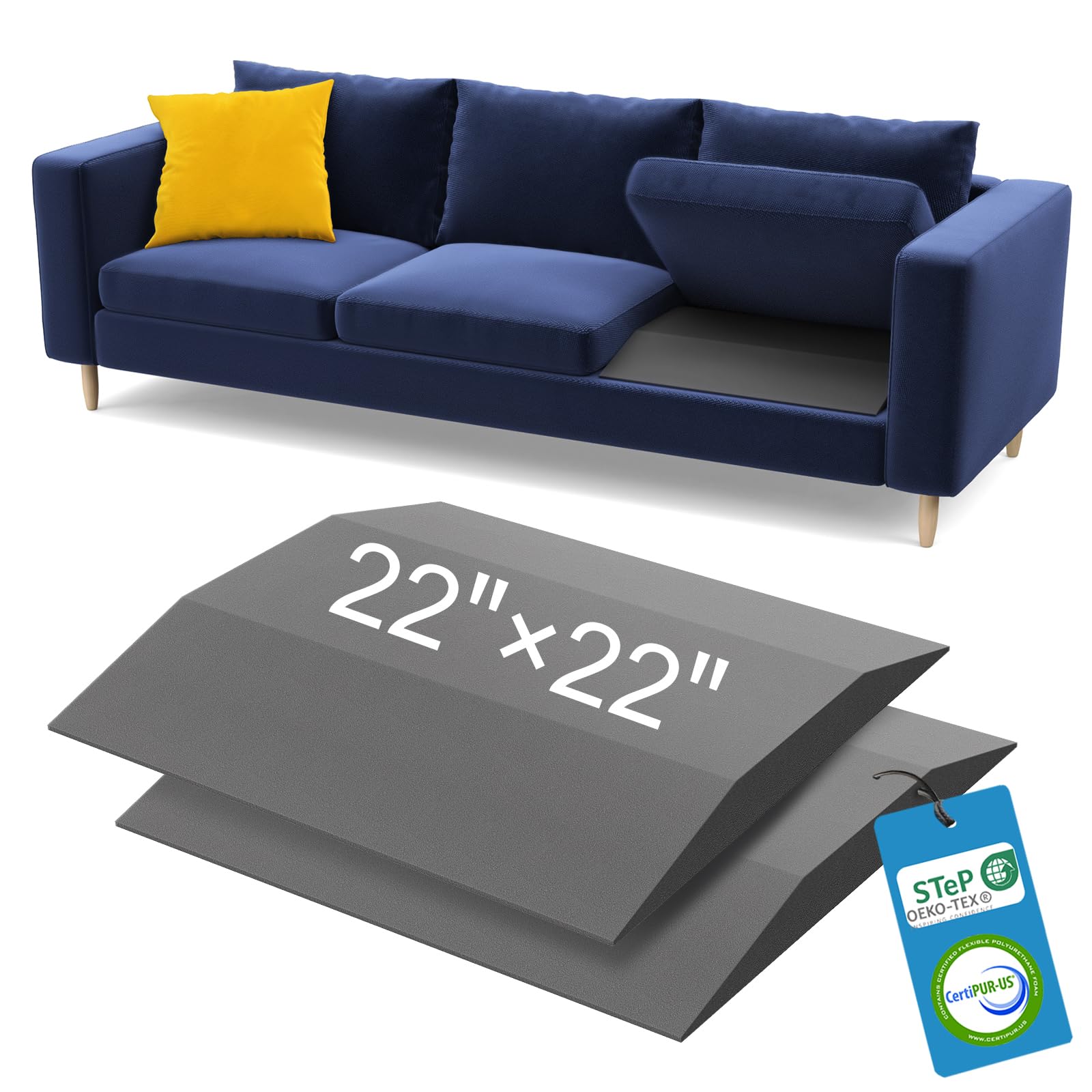 Couch Cushion Support for Sagging Seat, 22"x22"x2" 35D Firm Trapezoid Foam