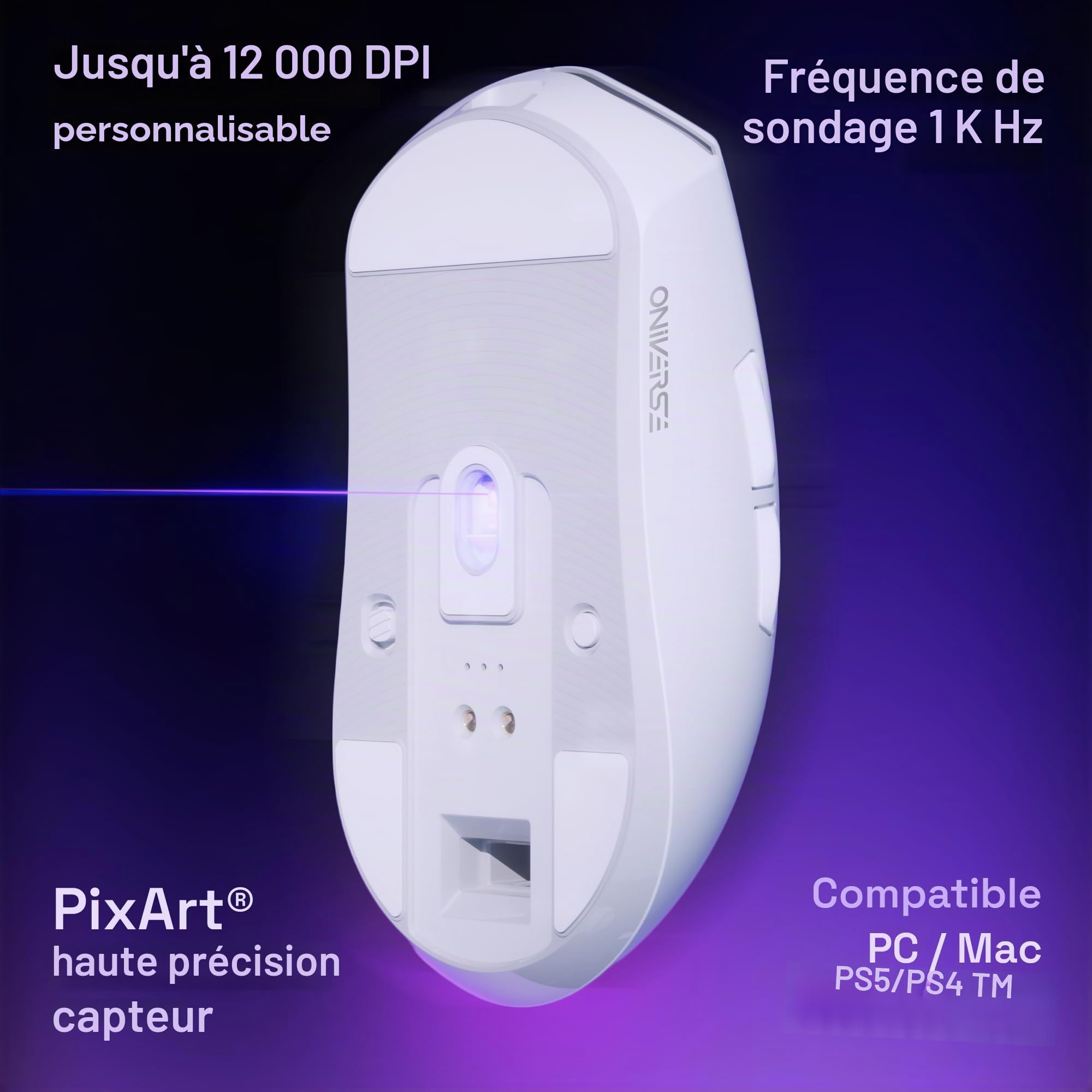 Souris gamer sans fil avec dock de charge - Capteur PixArt 12 000 DPI, 3 modes connexion (2.4G/Bluetooth/Filaire), Écran intégré, Polling rate 1 000 Hz, pour PC/Mac/PS5/PS4 - Vanguard (White)