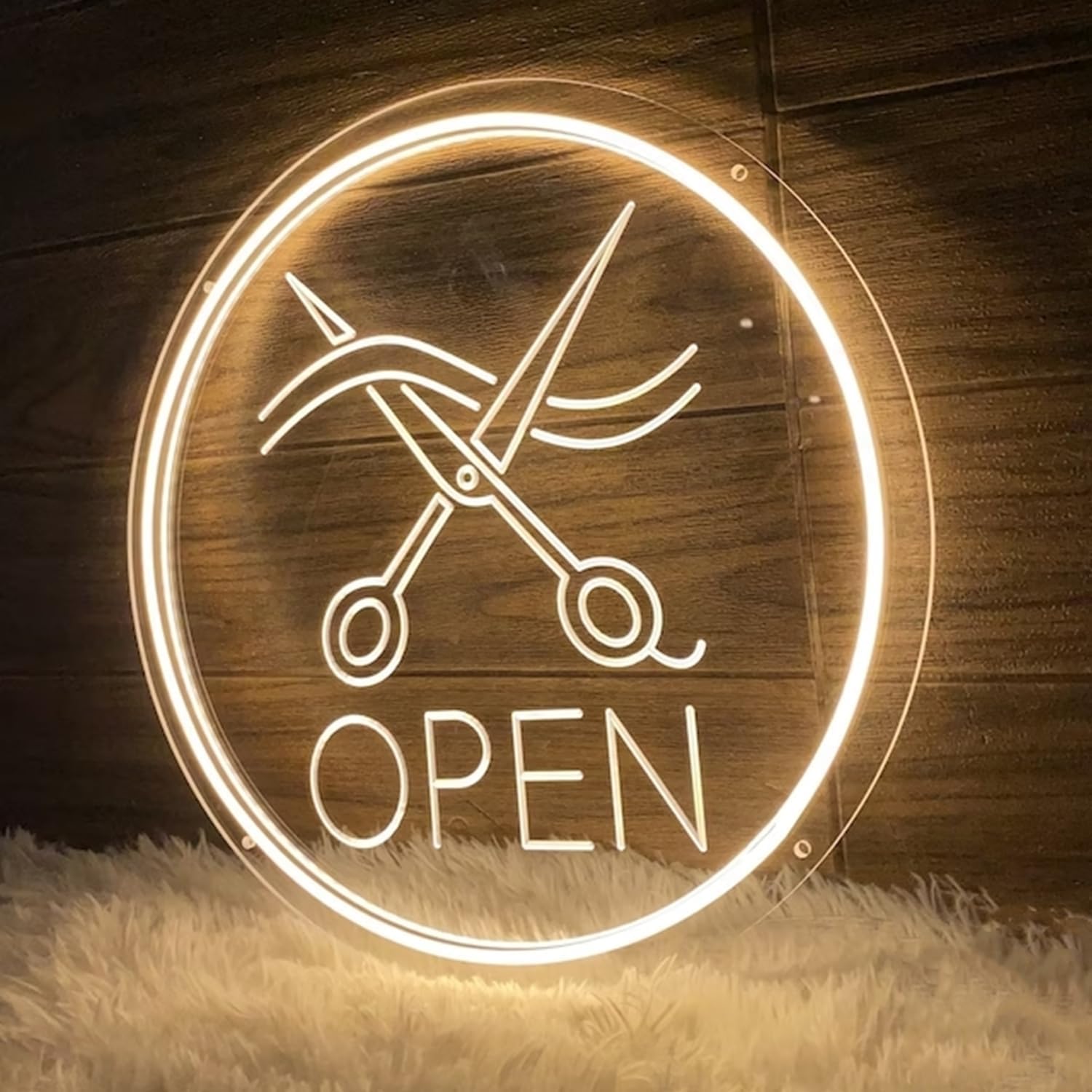 Large Round Neon LED Barber Sign for Barber Shop Wall and Window Decor Hair Salon Barber Studio Open Light Up Sign with Dimmable Switch and Hanging Chain Gifts for Hairdresser 30x30CM - Image 2
