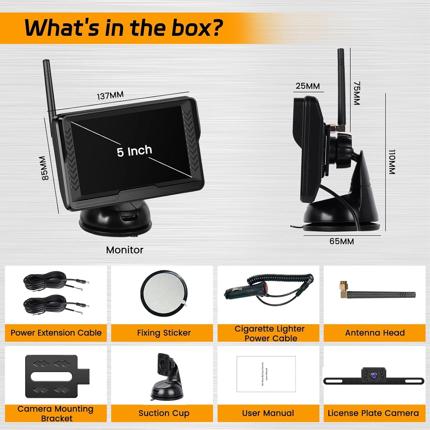 Diagram showing all items included in the box: Monitor, Power Extension Cable, Fixing Sticker, Cigarette Lighter Power Cable, Antenna Head, Camera Mounting Bracket, Suction Cup, User Manual, License Plate Camera