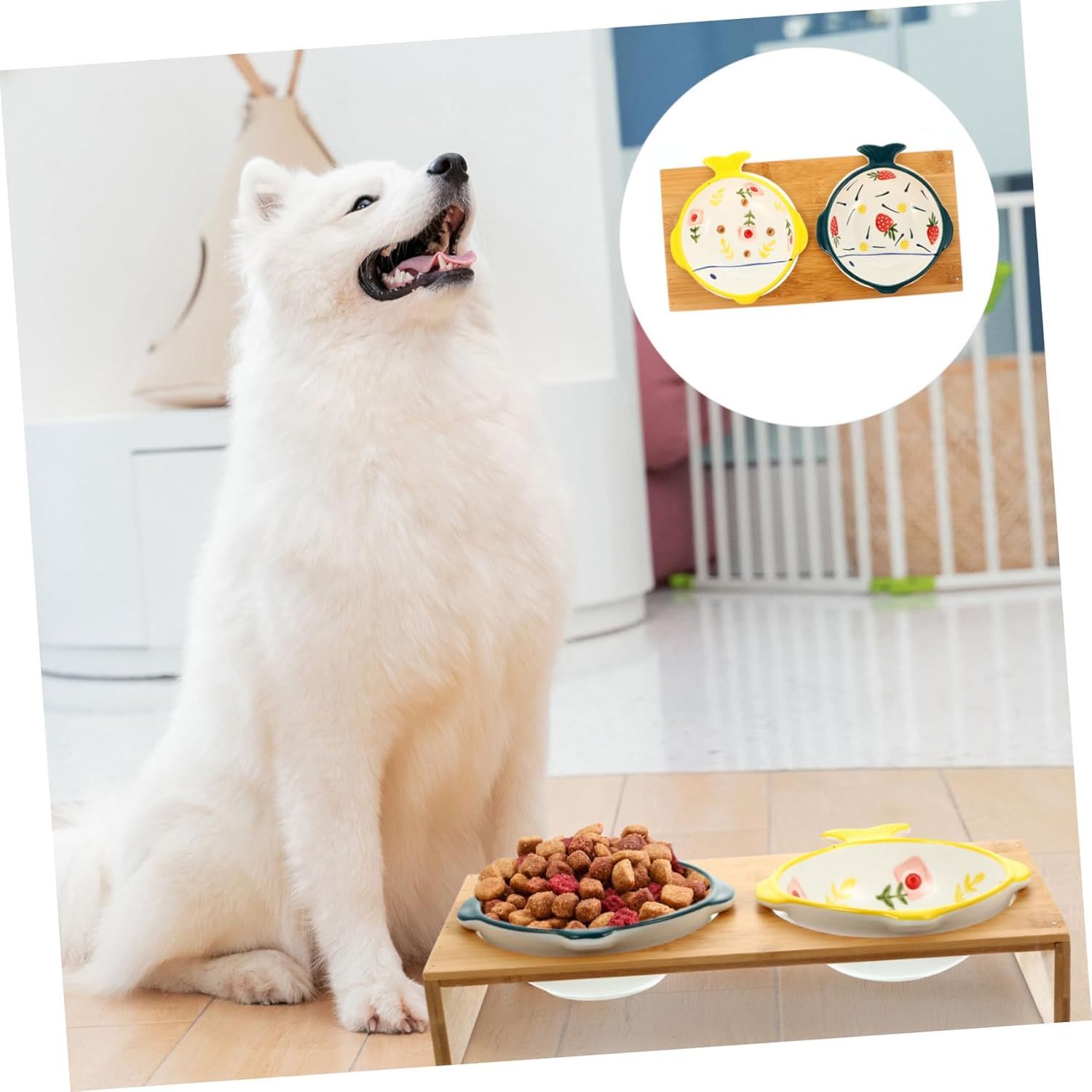 Ceramic Cat Bowl with Bamboo Stand 2-Piece Elevated PET Feeder Set for Cats and Dogs Non-Slip Design Protects Neck Position