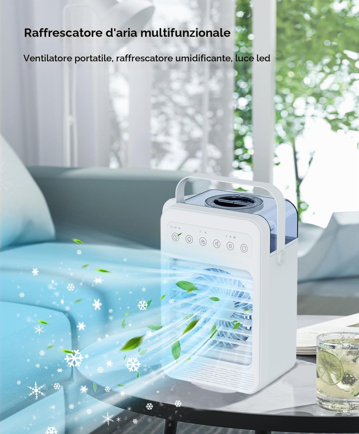 Aria condizionata portatile, 4 in 1 climatizzatore portatile, mini raffrescatore d'aria,ventilatore refrigerante,ventilatore con ghiaccio, Ventilatore da tavolo,70° Oscillation,4 Velocità 2 Modalità