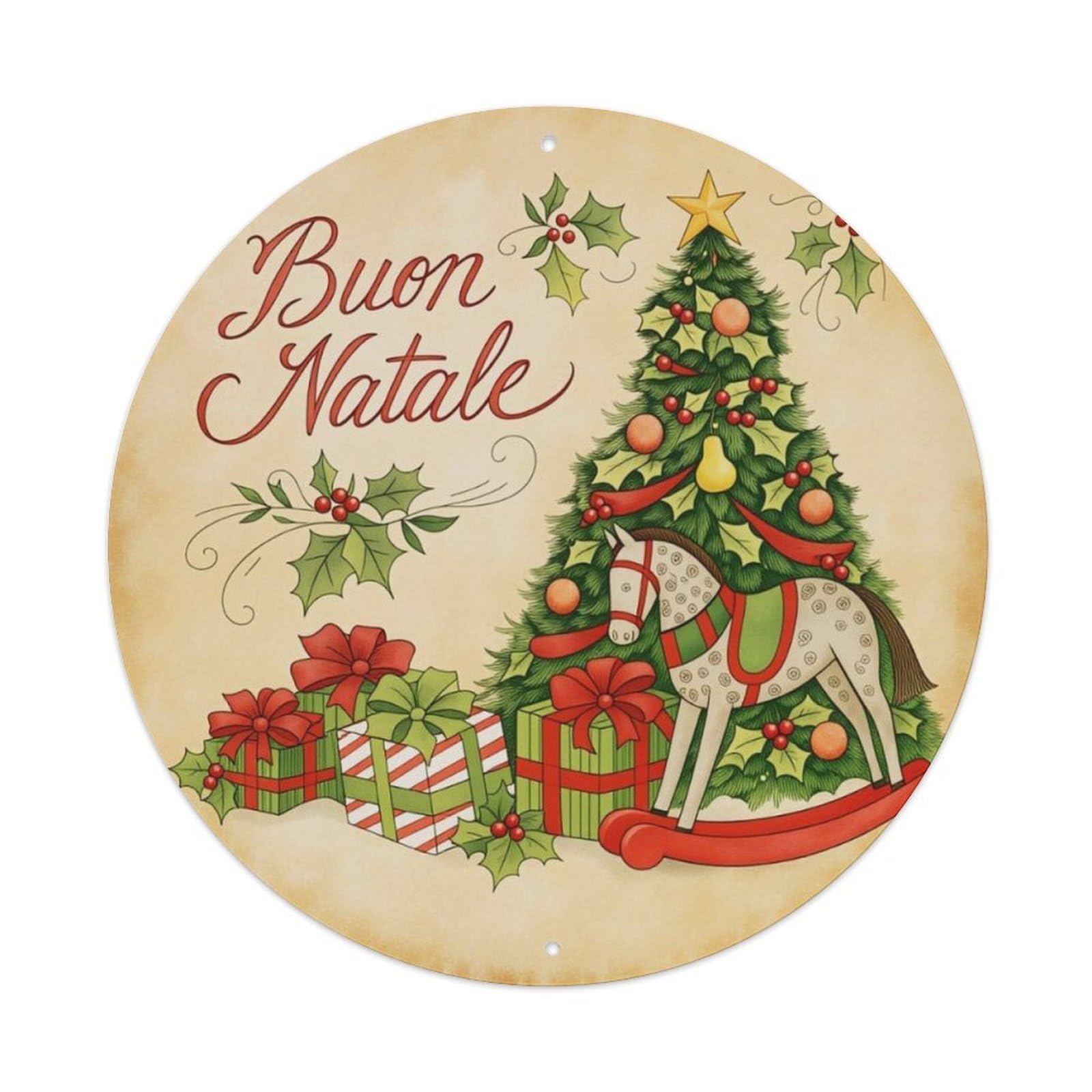 Italian Buon Natale Rocking Horse Christmas Round Decor Sign Vintage Aluminium Metal Sign, Retro Wall Decor for Home, Bar, Garage & Farmhouse 20x20cm