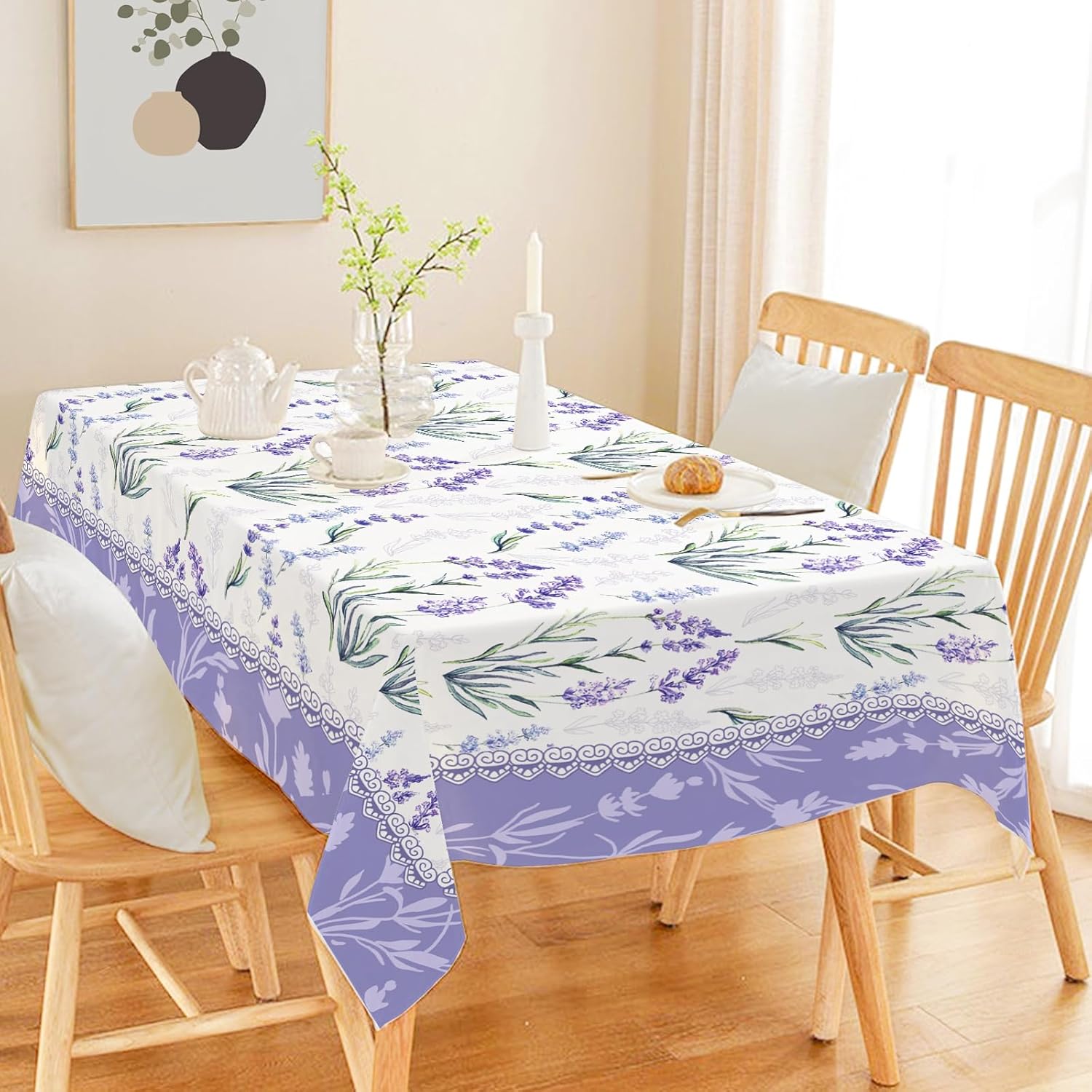 Lavender Flower Tablecloth 60 x 104 Inch Watercolor Purple Floral Table Cloth Table Cover for Spring Summer Party Picnic Home Kitchen Dining - Image 2
