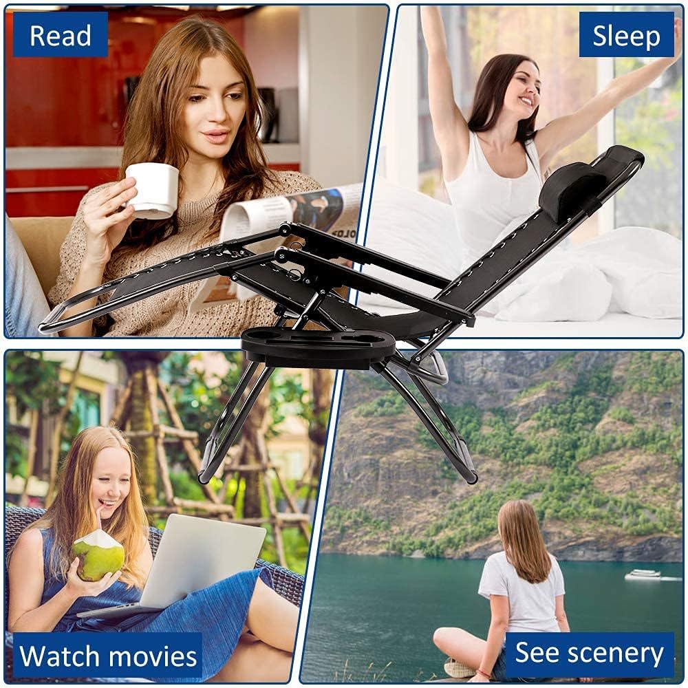 Set of 2 Adjustable Zero Gravity Chair Folding Reclining Lounge Chairs with Pillows and Cup Holder Trays for Poolside Backyard Beach,Black
