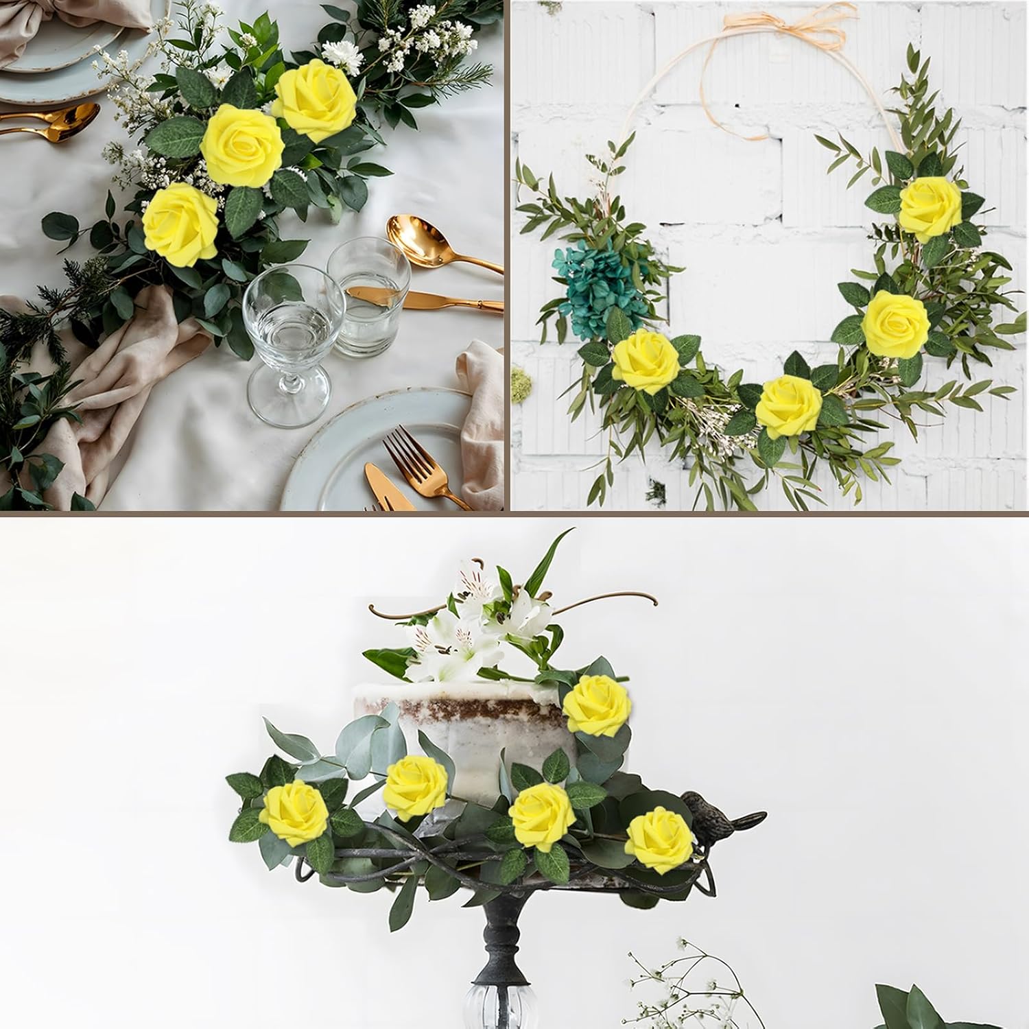 Yellow 200Pcs Artificial Flowers Real Looking Foam Fake Roses, Rose Artificial Wedding Flowers Combo for Wedding Bouquets Centerpieces Flower Arrangements Decorations (Yellow, 200)