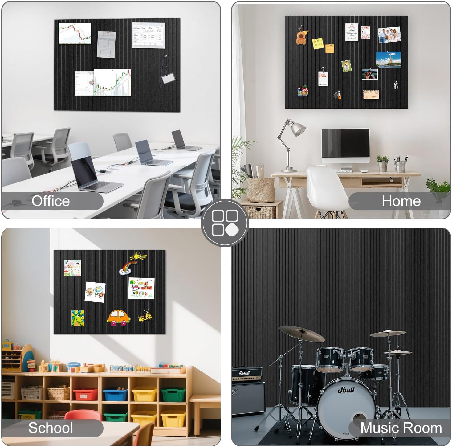 Large Bulletin Board for Felt Walls - 12 Pack Cork Board with Safe Removable Adhesive Tabs, Cork Board for Office & Home Decoration, 48 x 36 inches - Black