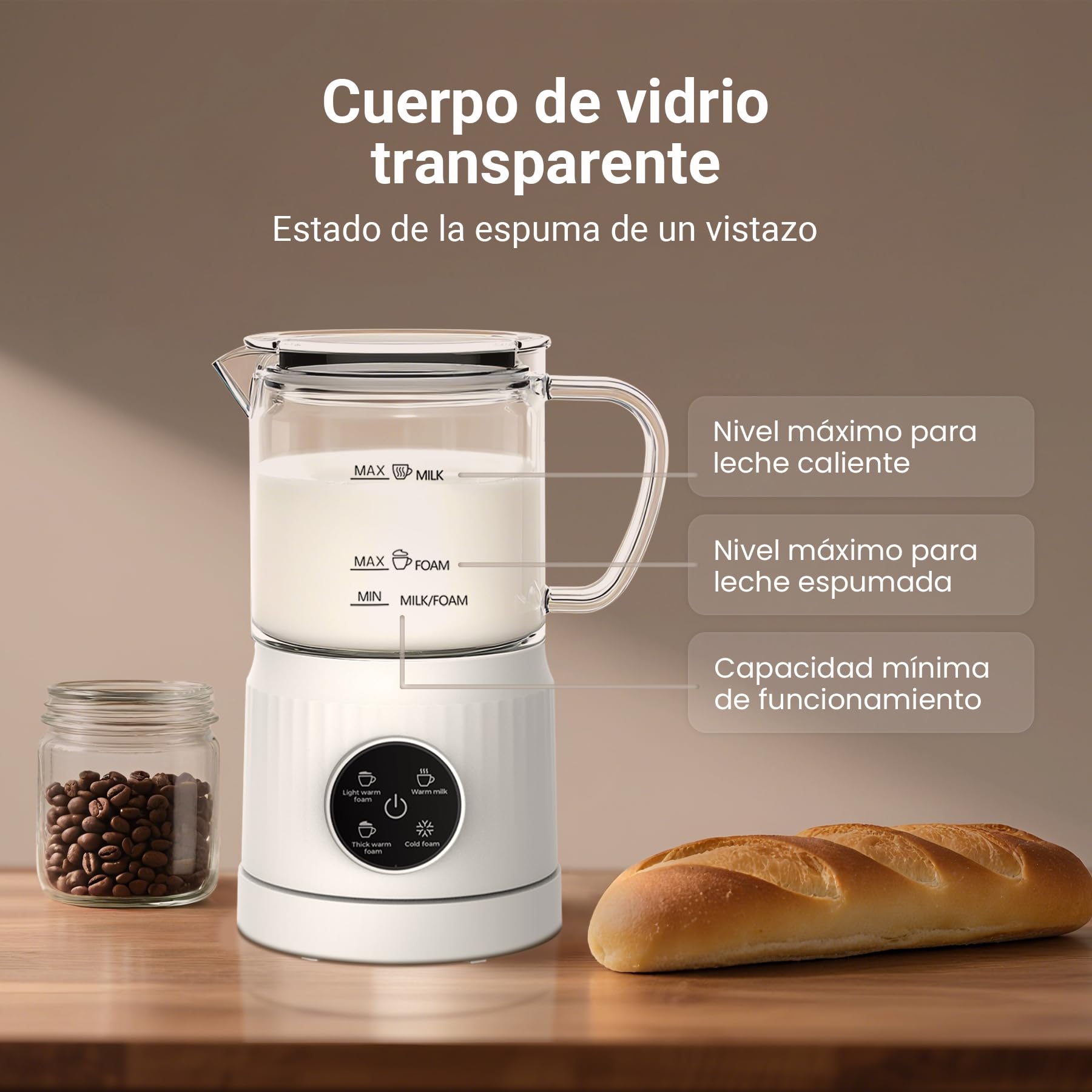 Casimhu 4 en 1 Espumador de Leche Eléctrico, Creador de Espuma Fría y Caliente, Espumador Leche Eléctrico, Calentador de Leche para Café, Latte, Capuchino, Vidrio, Blanco (Blanca)