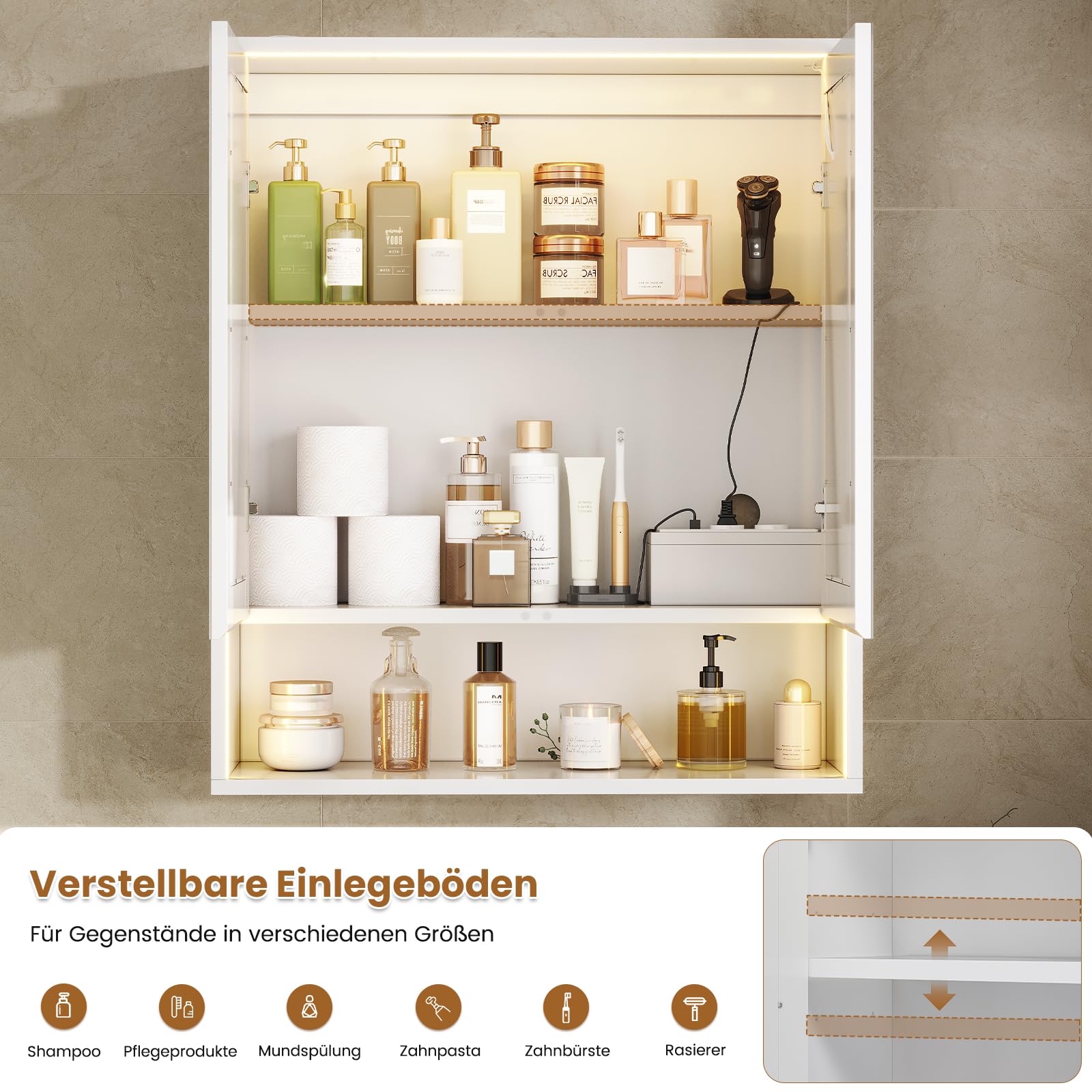 Spiegelschrank mit LED Beleuchtung, Steckdose & 3 Farbtemperaturen | Dimmbare Badezimmerschrank mit verstellbaren Regalen, HD Spiegel, Touch-Sensor, Doppeltür Hängeschrank 60x70x19 cm, Weiß