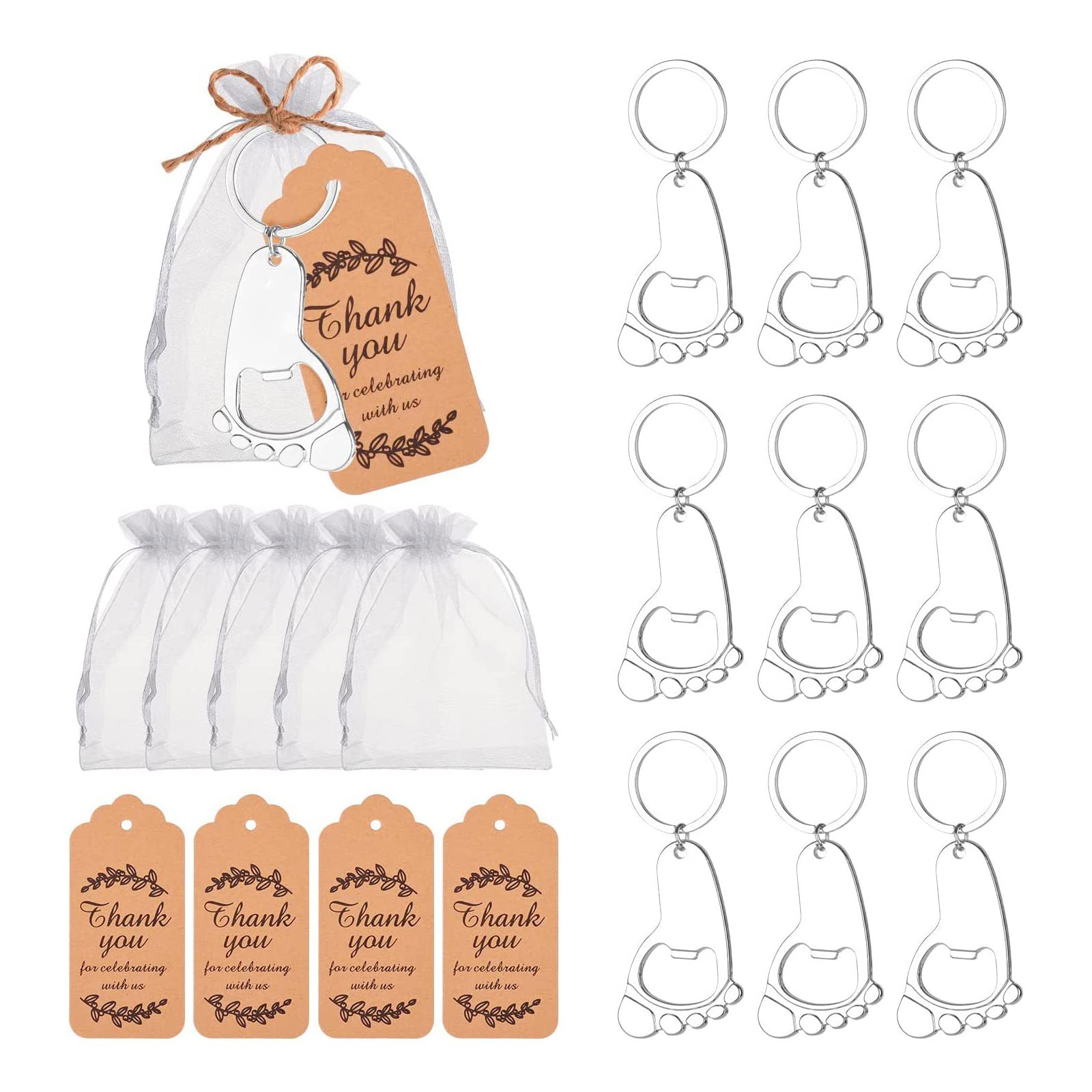 NEWFT 10 Pcs Footprint Keychain Bottle Opener with Organza Bags and Thank