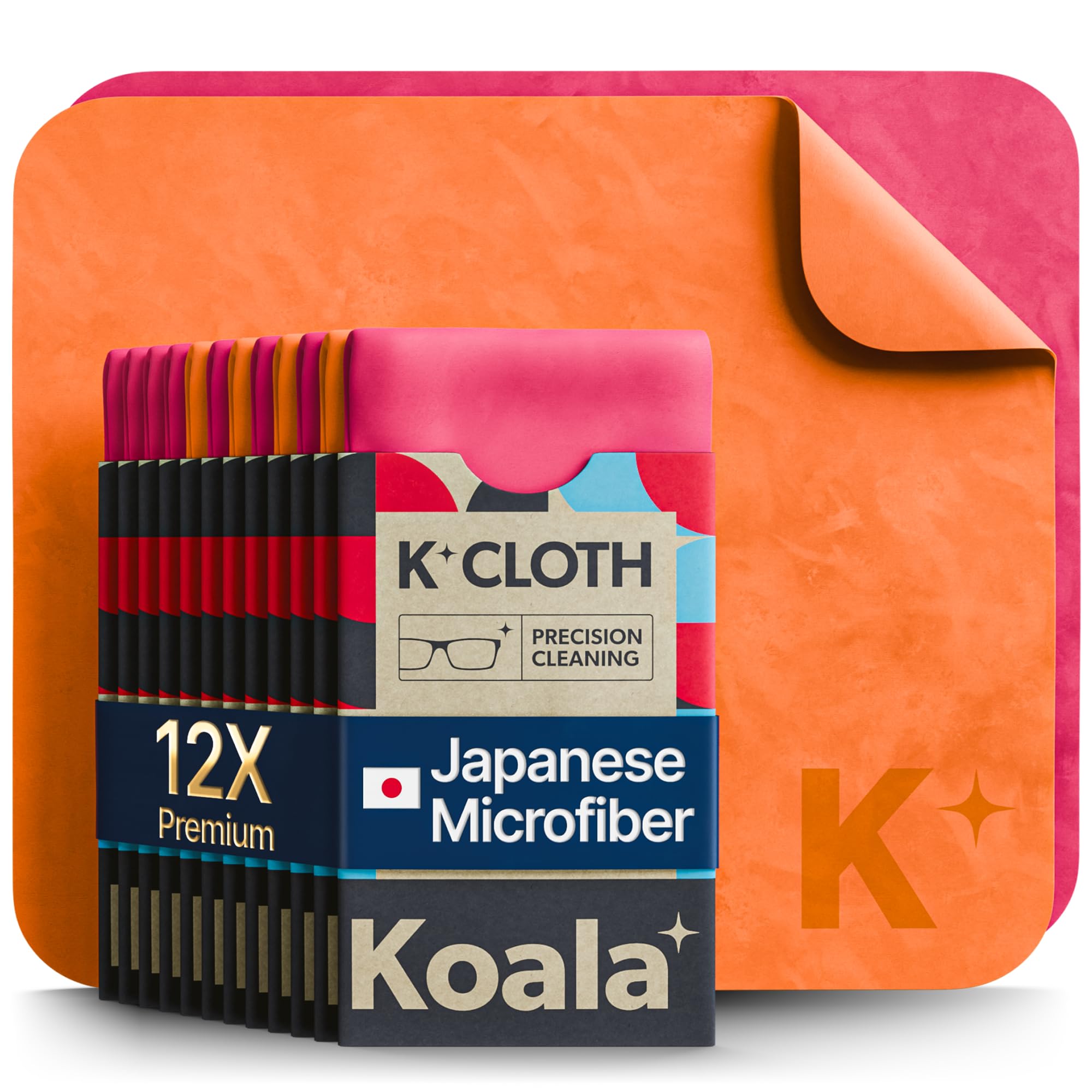 Koala Lifestyle Lens Cleaning Cloth | Japanese Microfiber | Glasses Cleaning Cloths | Eyeglass Lens Cleaner | Eyeglasses, Camera Lens, VR/AR Headset, and Screen Cleaning | Pink & Orange (Pack of 12)