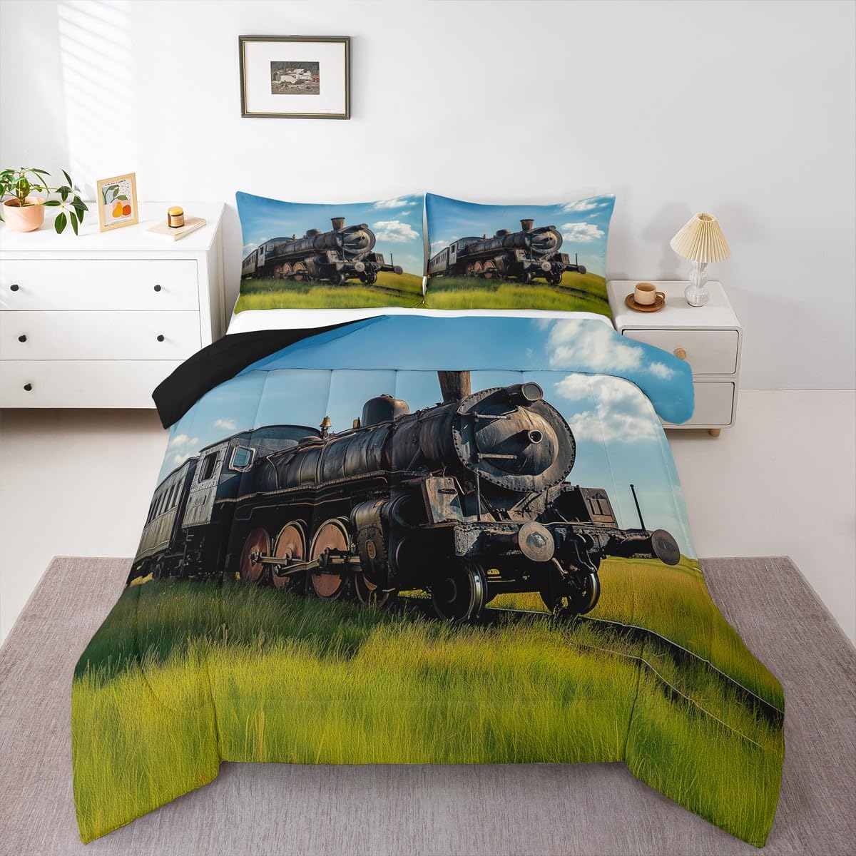 Erosebridal Train Comforter Sets Queen Size Retro Steam Engine Bedding Set for Kids Boys Teens,Railway Track Transport Duvet Sets,Green Grass Blue Sky