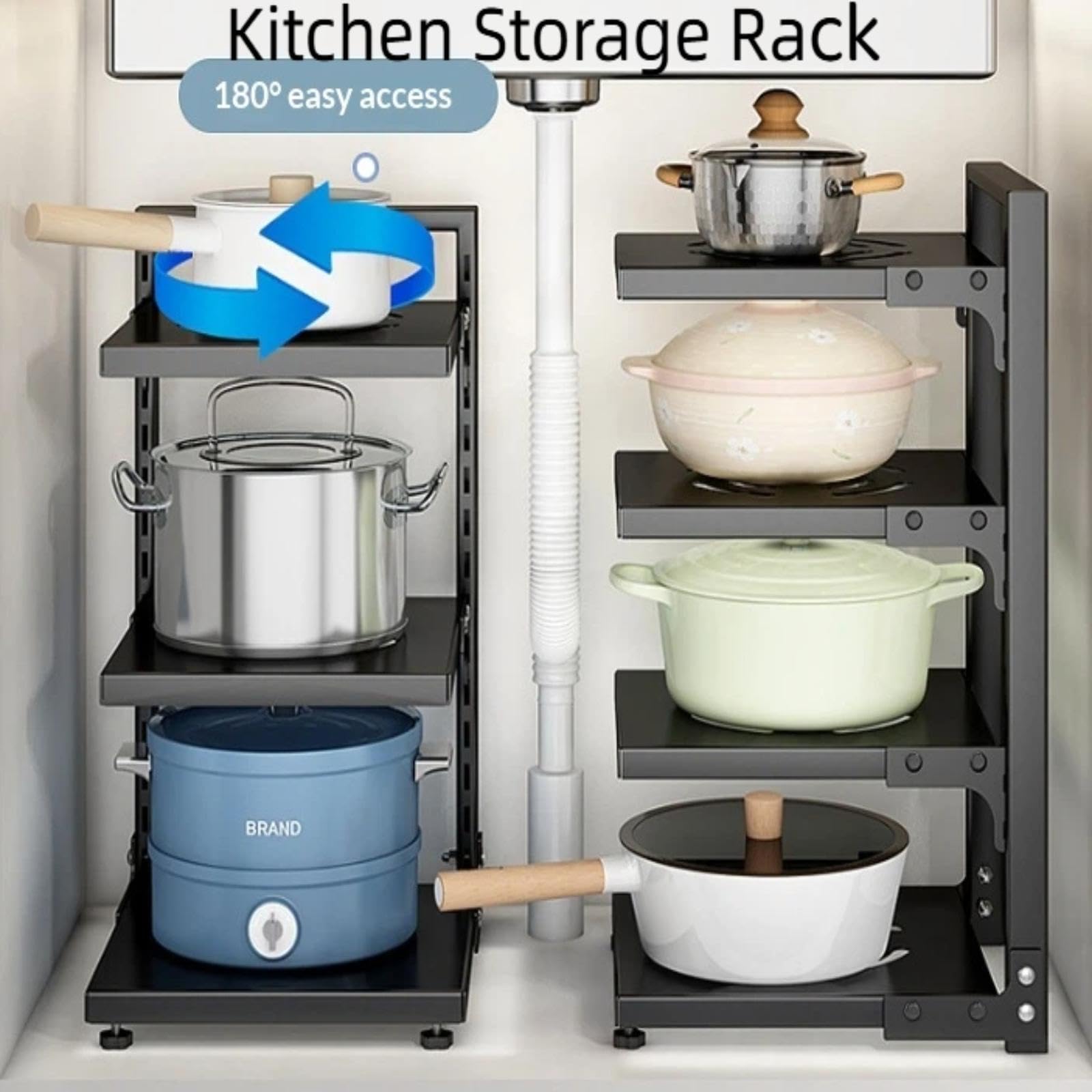 Organiseur de casseroles et poêles pour armoire, noir, réglable et robuste, sous l'évier ou étagère flottante, organiseurs de rangement de couvercle de casserole