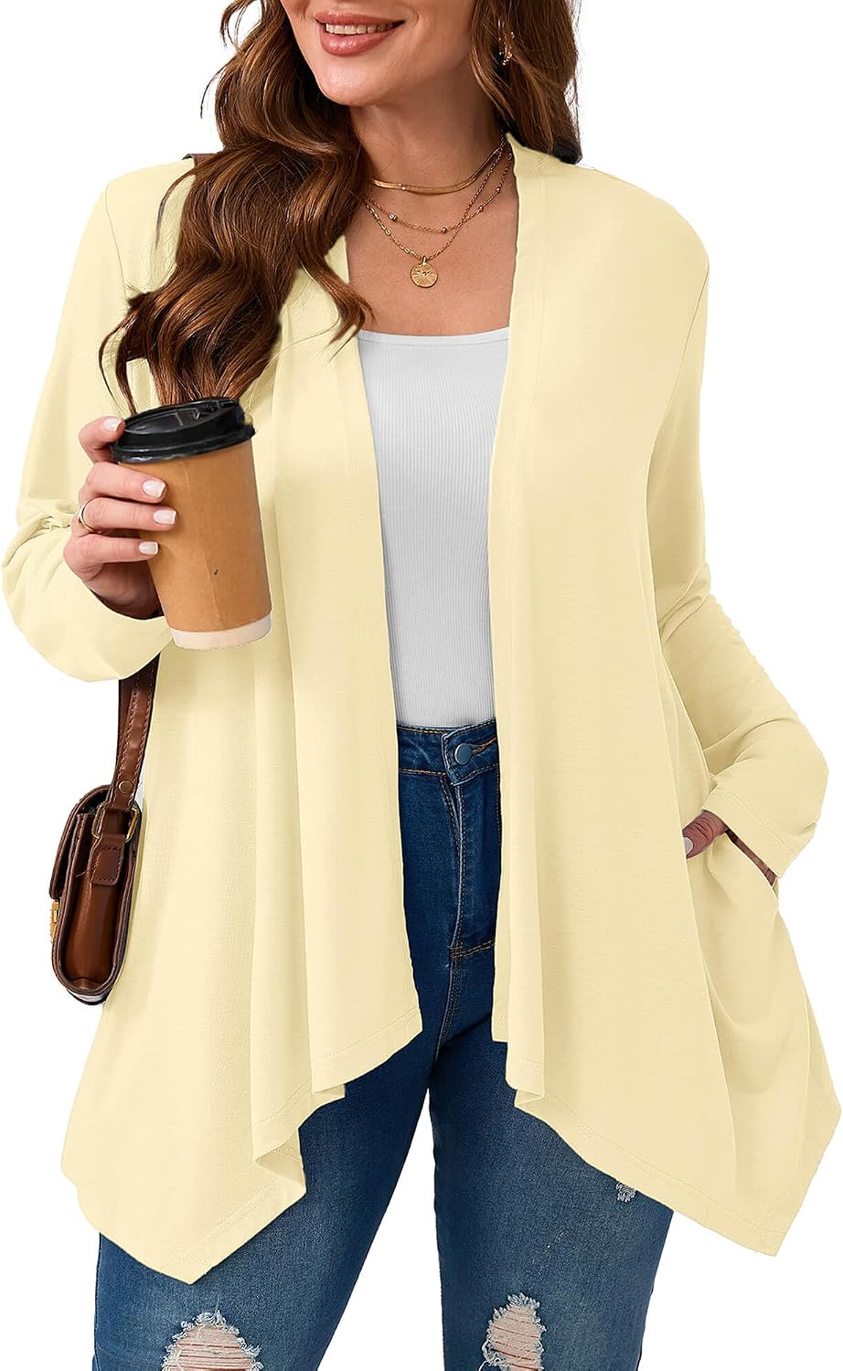 AusLook Women's Plus Size Lightweight Open Front Long Sleeves Cardigan Cover Ups Shrugs Shawls and Wraps Kimono Jacket Coat