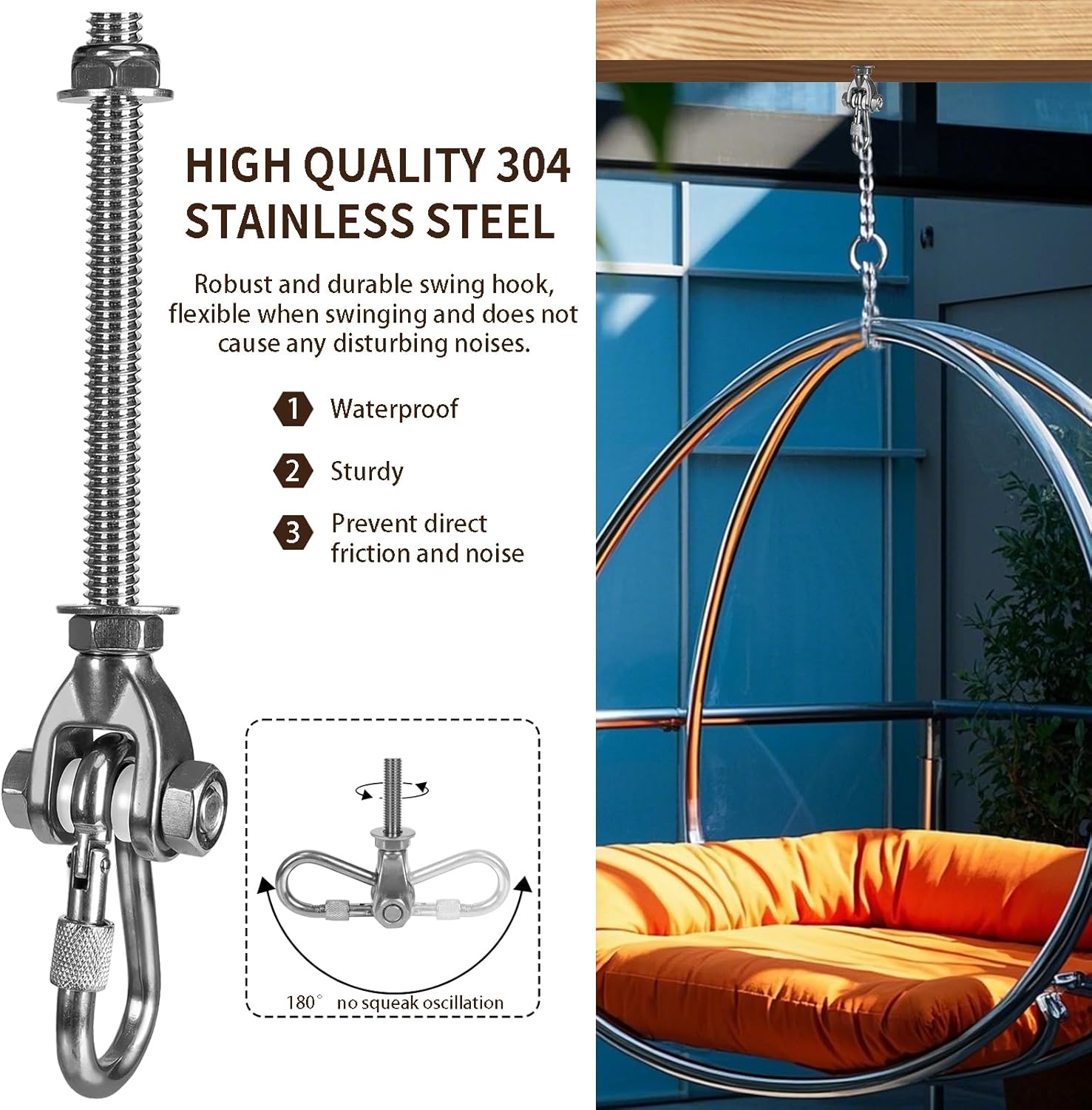4 Heavy Duty Swing Hangers 180° Swing Seat Hardware Replacement Stainless Steel Swing Hooks 800LBS Capacity Playground Hammock Chair Porch Swing