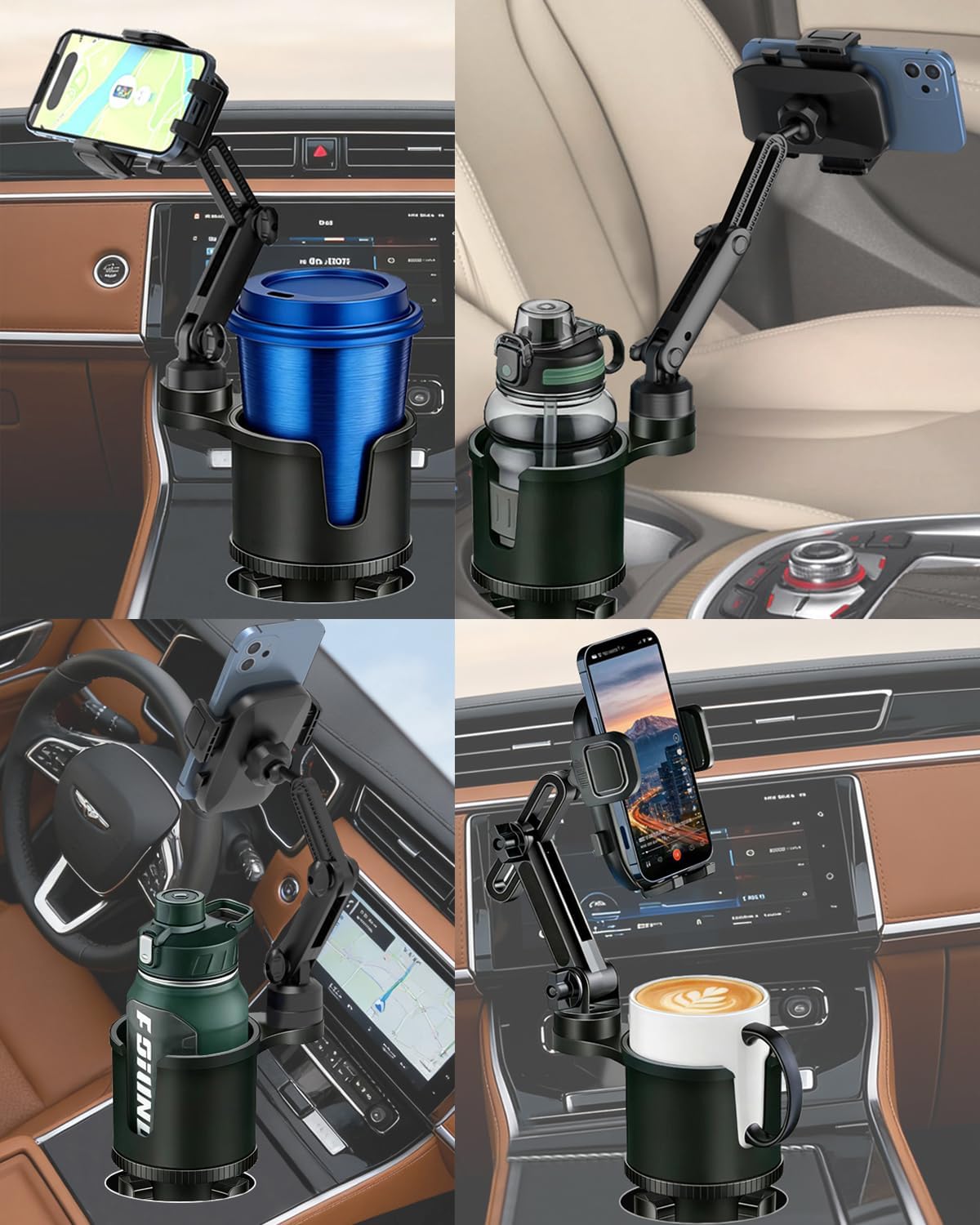 Cup Phone Holder for Car with Expandable Base, 2 in 1 Height-Adjustable Dual Cell Phone Holders Car Cupholder Mount, Friendly Fit Large Bottle & iPhone All Cellphone for Truck SUV | No Shake Design