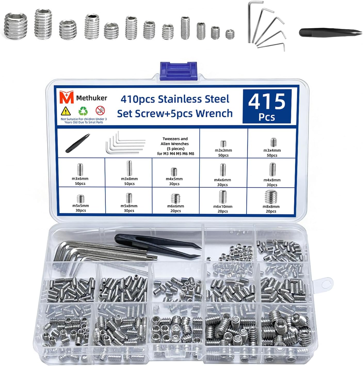415PCS Allen Head Set Screws Assortment Kit, Metric Socket Hex Grub Set Screws, Includes 5 Hex Keys & 1 Tweezer,Stainless Steel Set Screws for Bathroom Fixtures, Furniture, DIY and Repair (M3-M8)