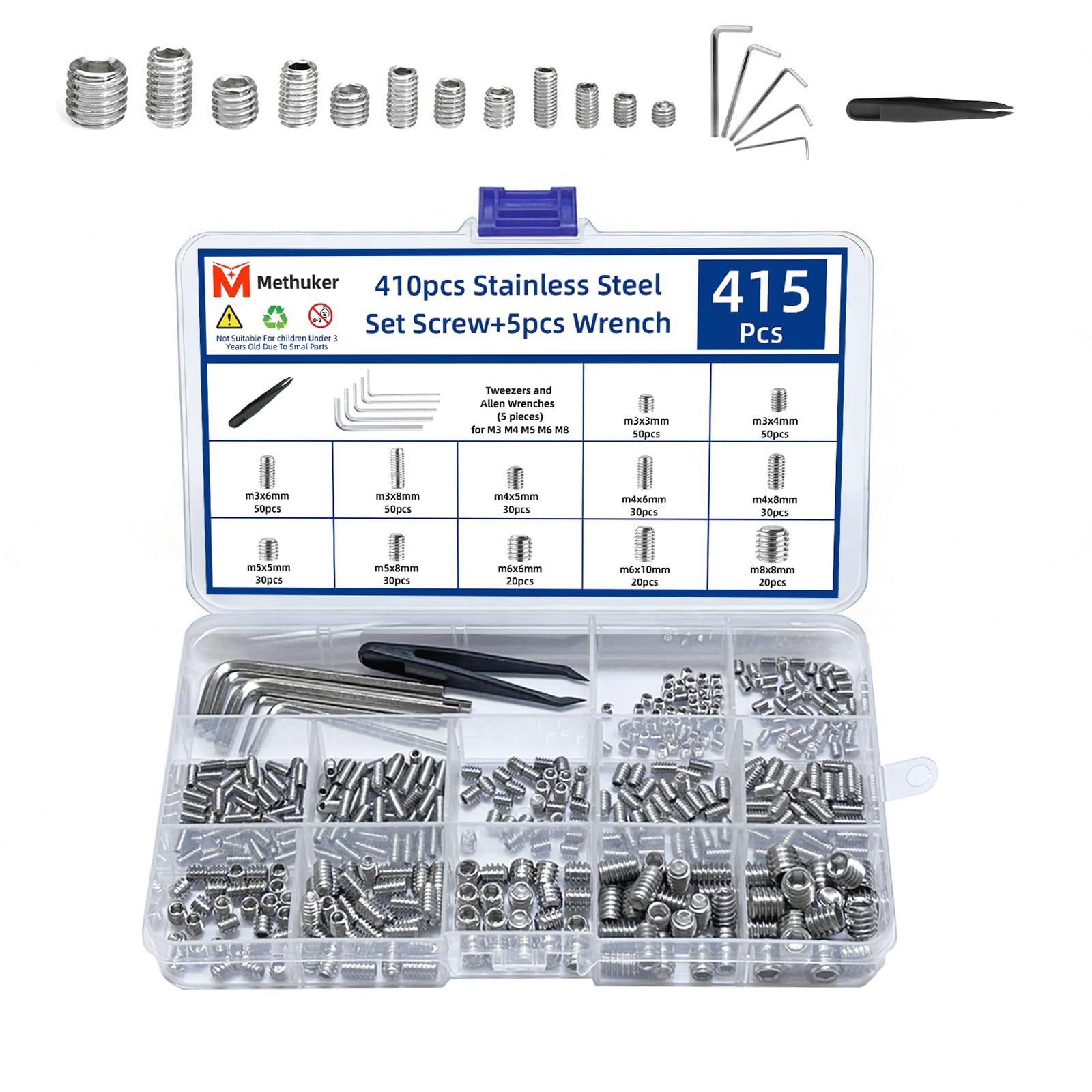 415PCS Allen Head Set Screws Assortment Kit, Metric Socket Hex Grub Set Screws, Includes 5 Hex Keys & 1 Tweezer,Stainless Steel Set Screws for Bathroom Fixtures, Furniture, DIY and Repair (M3-M8)