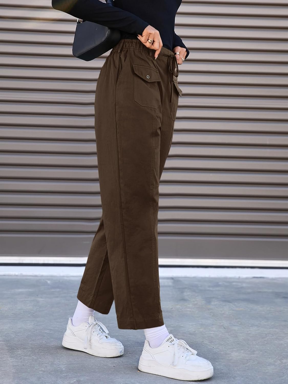 Fisoew Womens 100% Cotton Cargo Pants Drawstring Elastic Waist Casual Hiking Work Pants with Multiple Pockets