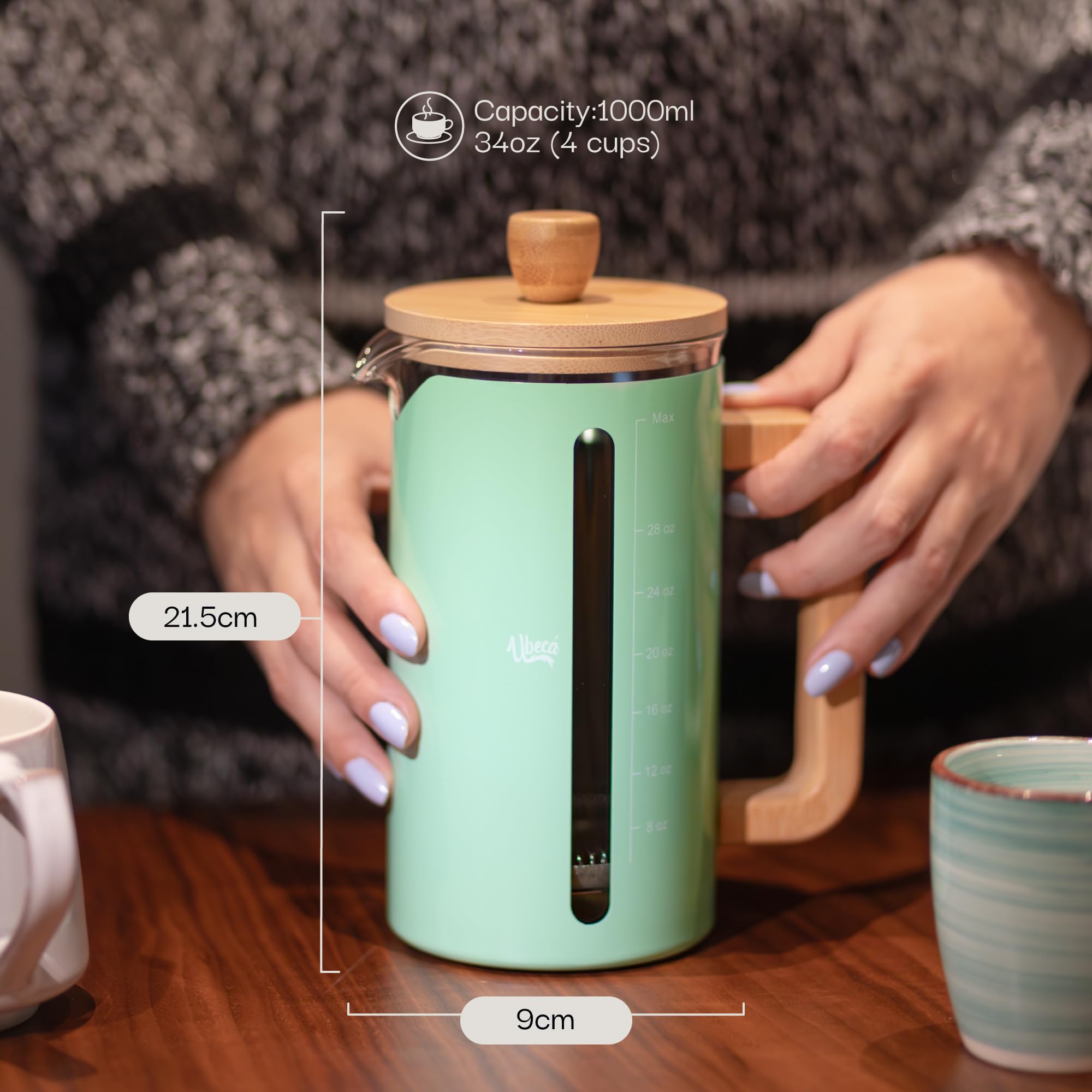 Cafetera de prensa francesa con detalles de bambú, hasta 34 onzas con medidas, color verde menta.