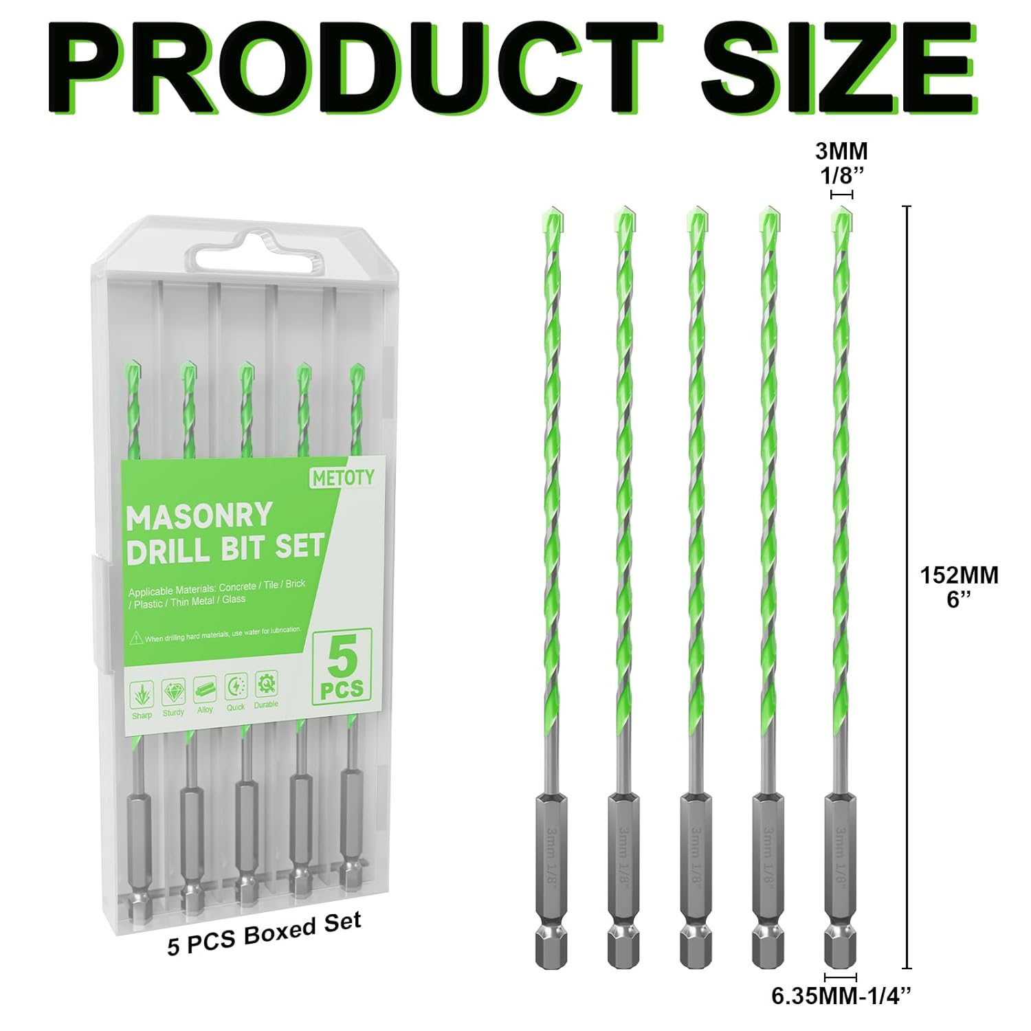 5 Pack 1/8 inch Masonry Drill Bit Set - Carbide Tip Hex Shank Concrete Drill Bits for Brick, Tile, Cement, Glass & Plastic