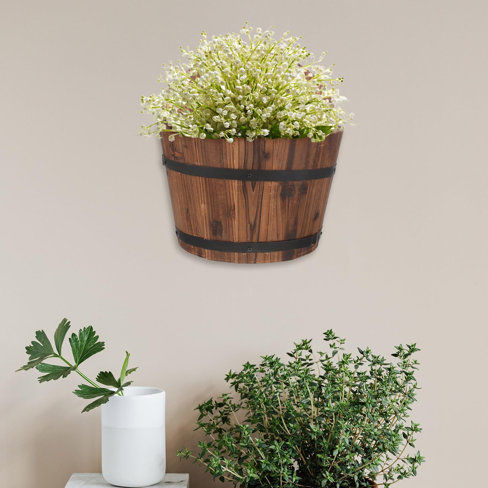 Hängender Blumenampel Blumentopf aus Holz, dekorativer Wand-Blumentopf für Balkon und Garten, rustikaler Pflanzenkübel mit natürlichem Landhausstil, Installieren, langlebig und praktisch