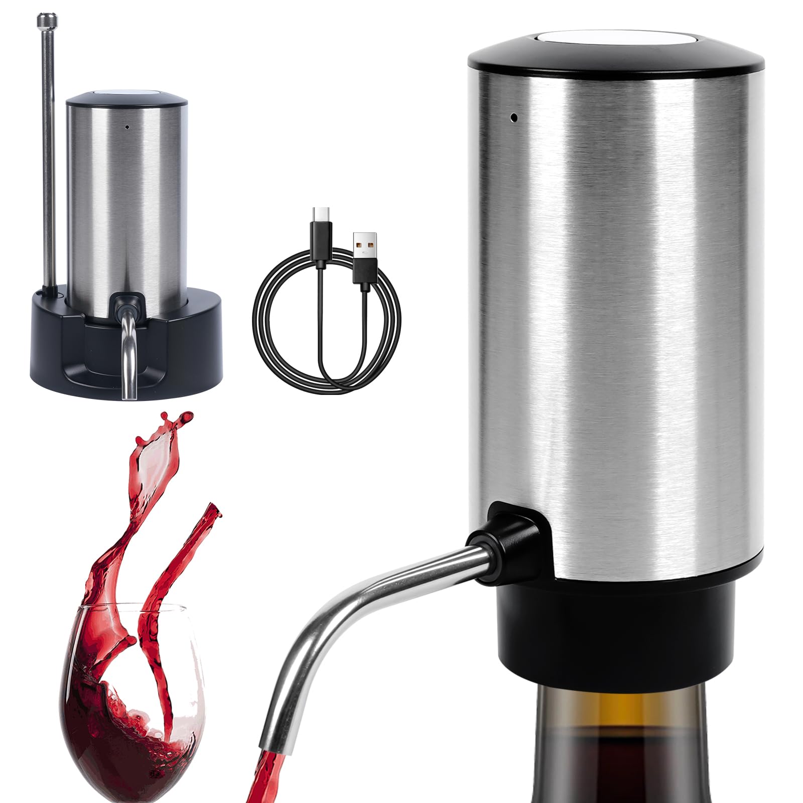 Electric Wine Aerator Pourer Automatic Wine Dispenser Pump with Retractable Tube for One-Touch Instant Oxidation Smart Wine Aerator Decanter for Travel/Home