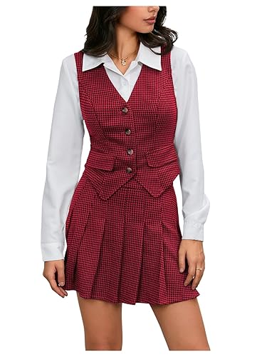 Milumia Women's Plaid Skirt Sets 2 Piece Outfits Blazer Vest