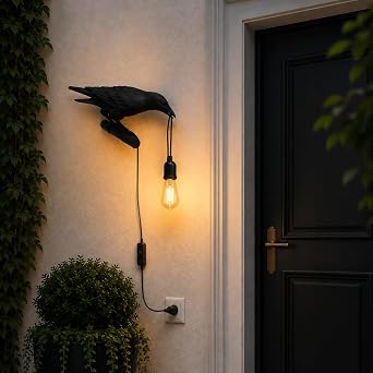 Black Bird Wall Lamps Resin Crow Resin Lamp with Bulb E27 Base Modern Raven Art Deco Bedside Decor 3 Pin Plug in Cord Wall Lamps for Bedroom, Office, College Dorm [Energy Class A]
