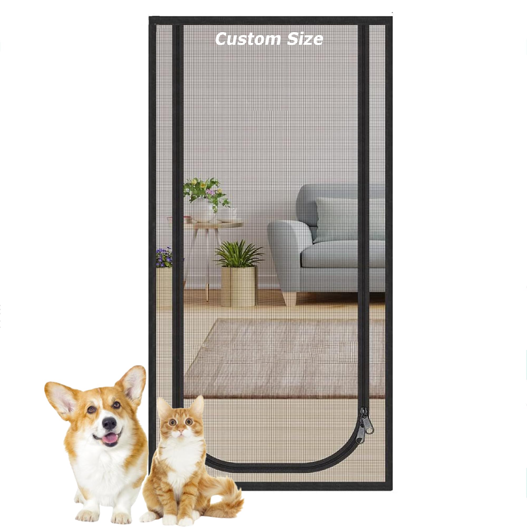 Aduodao Grey Custom Size Tear-Proof Balcony Bedroom Nets Anti-Mosquito Fly Screen Door Nets Self Adhesive Cat Dog Screen Door With Zipper, Dog Cat Scratch Proof Screen (Custom Size)
