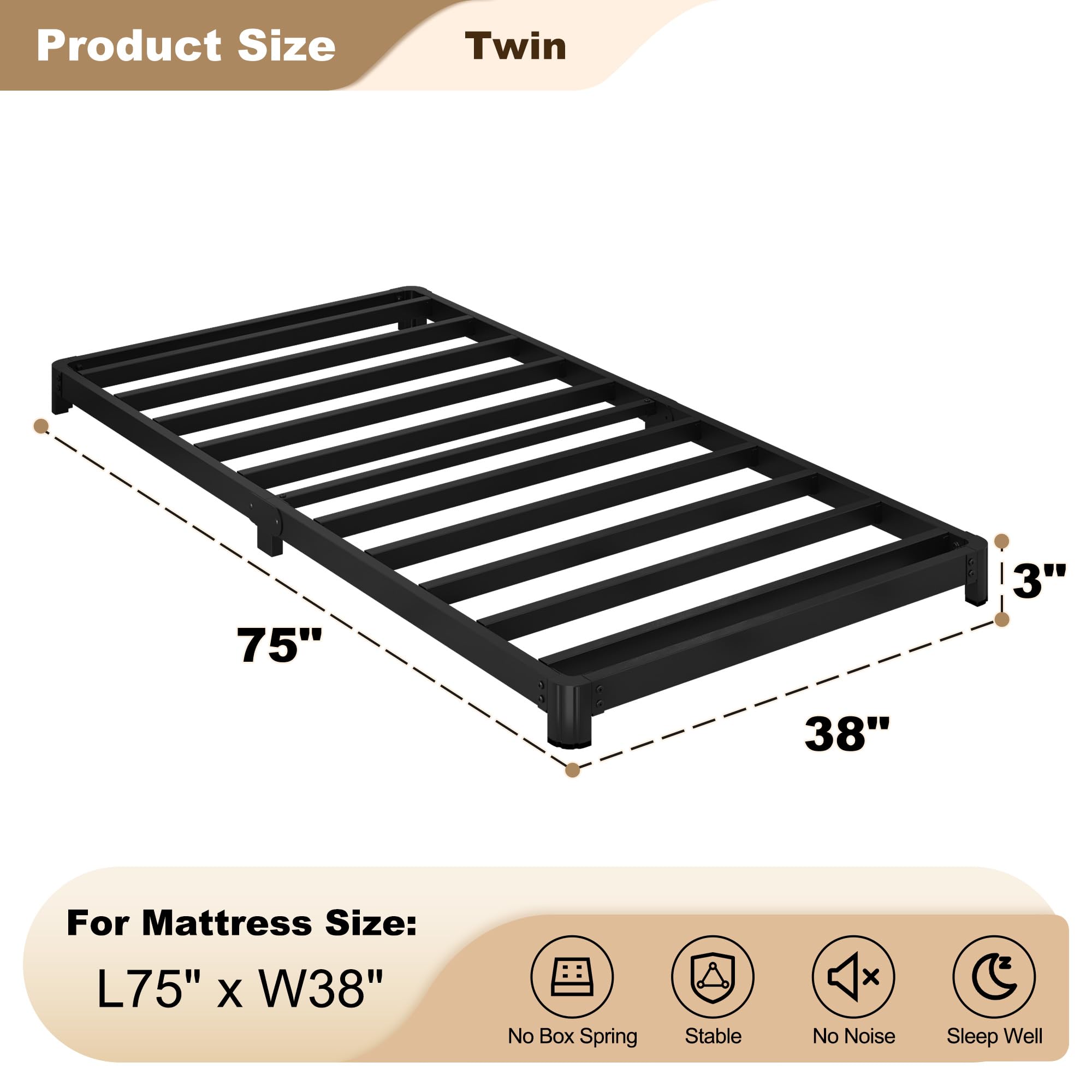 Marcos de cama tamaño individual de 3 pulgadas con esquinas redondeadas, metal resistente, fácil montaje, sin ruido, color negro 2