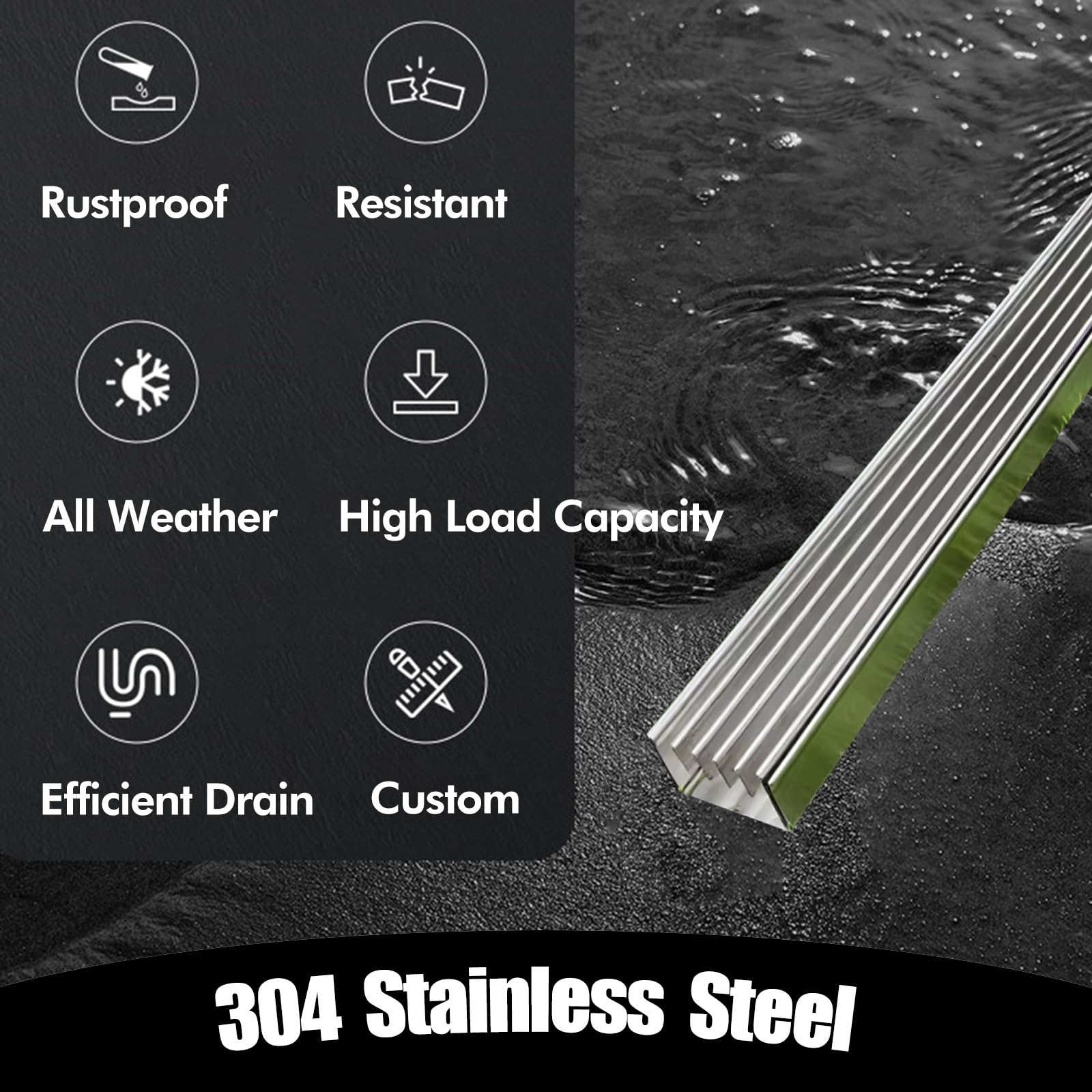 Sistema de Drenaje Lineal para terrazas de Piscinas, Juego de 5 Piezas, desagües y Rejillas de Canal metálico para Garaje/Patio/Entrada/acera, canaleta Rectangular para Lluvia.