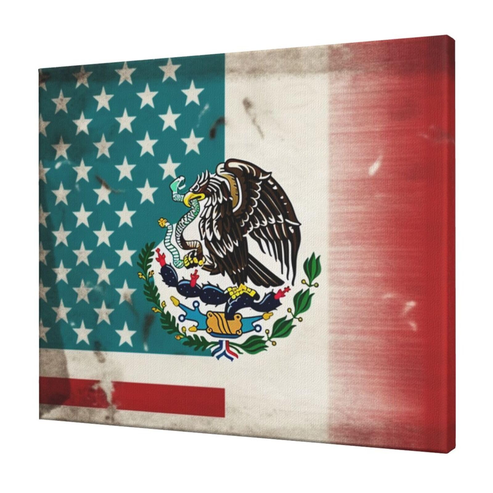 YKLJG Mexican American Flag Printed Wall Art Canvas Prints 60x50 CM Wooden Framed Picture Painting Artwork for Bedroom Kitchen Home Office Decor