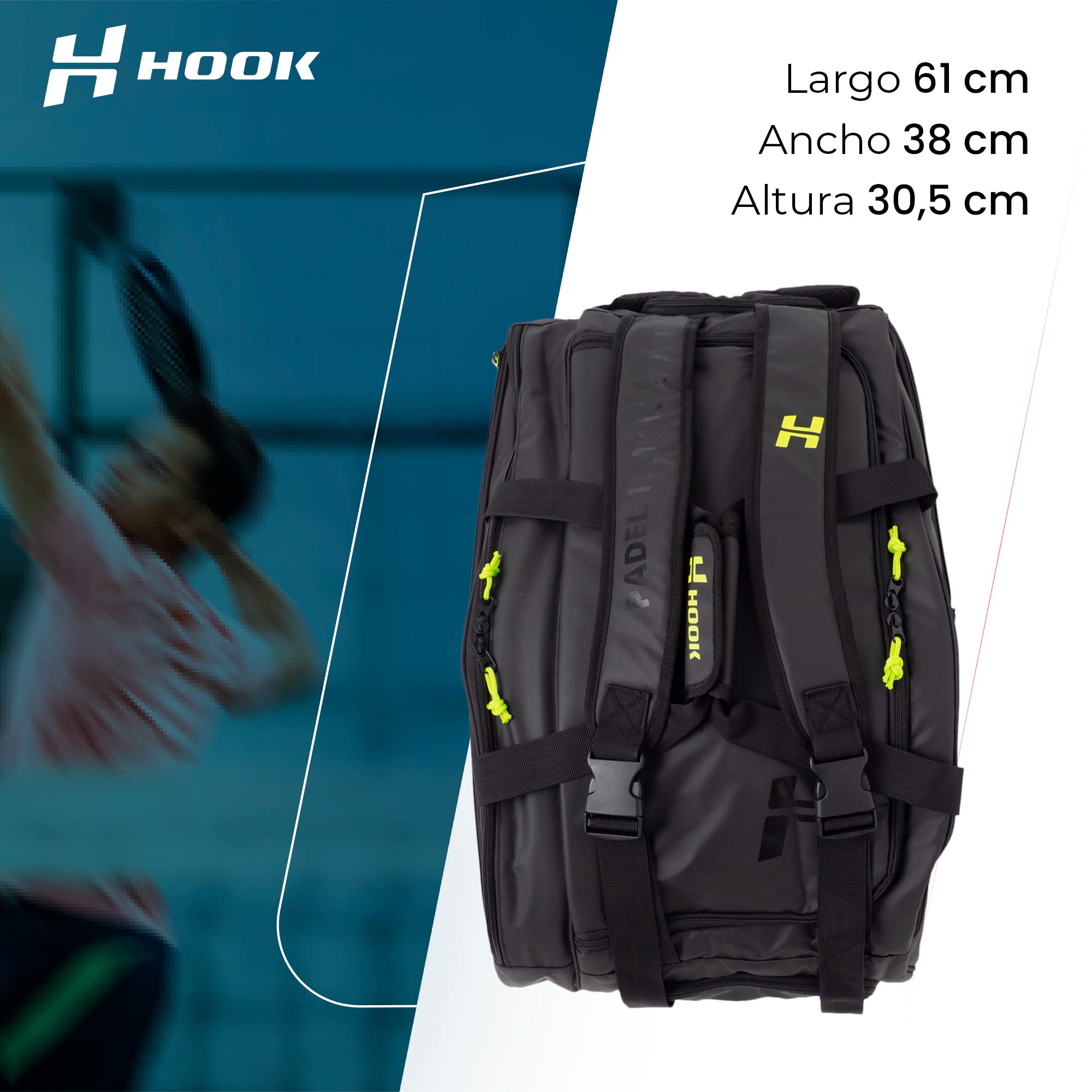 PADEL RACKETS INNOVATION SL. Hook - Paletta per 4 pale da paddle - 61 x 38 x 30,5 cm - Unisex - Molteplici tasche - Compatimento per scarpe - Cinghie rimovibili e regolabili