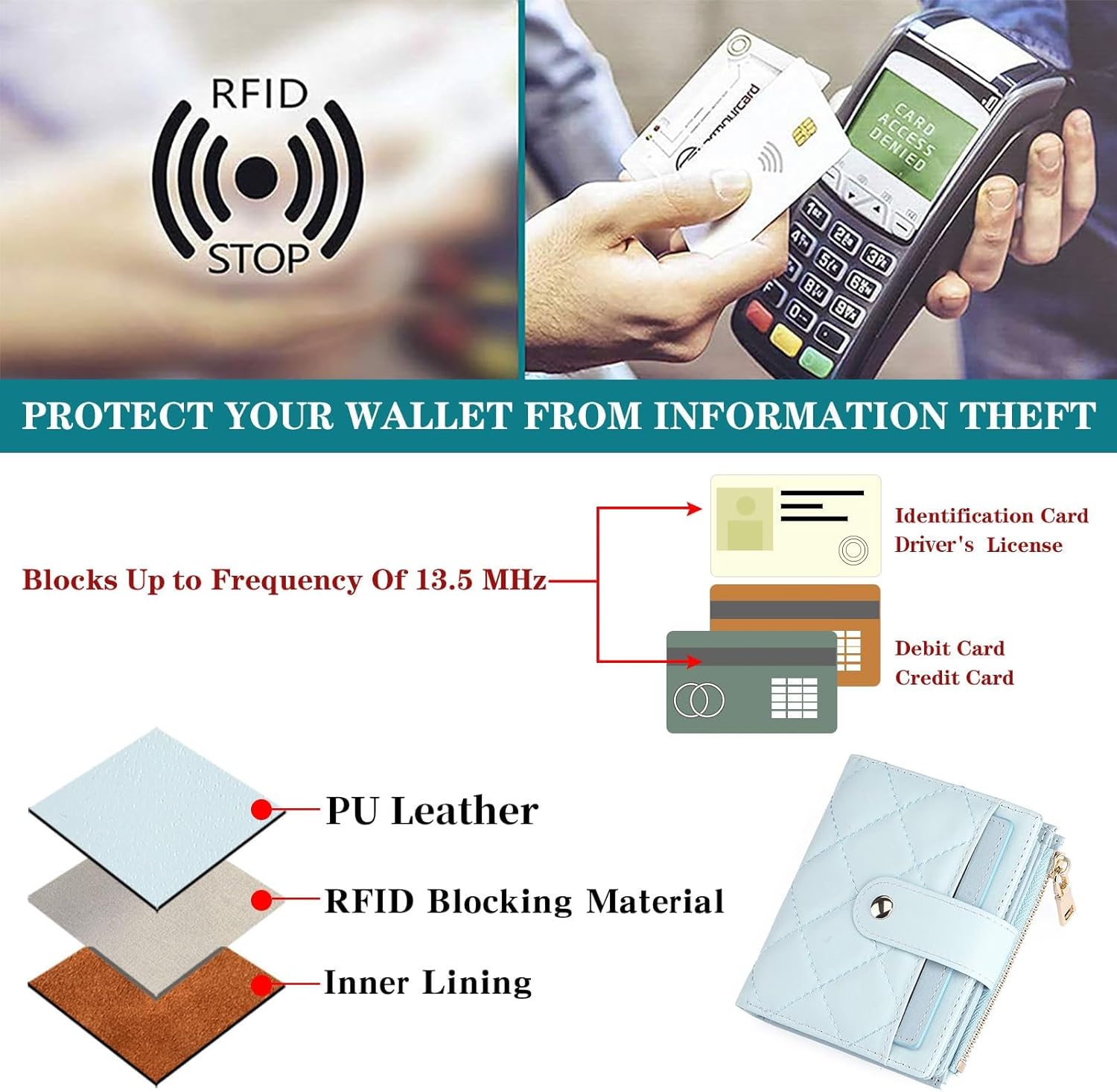 GAEKEAO Small Women Wallet Slim RFID Blocking Leather Bifold Compact Card Holder Wallet for Women with Zipper Change Pocket 3 ID Window - Image 6