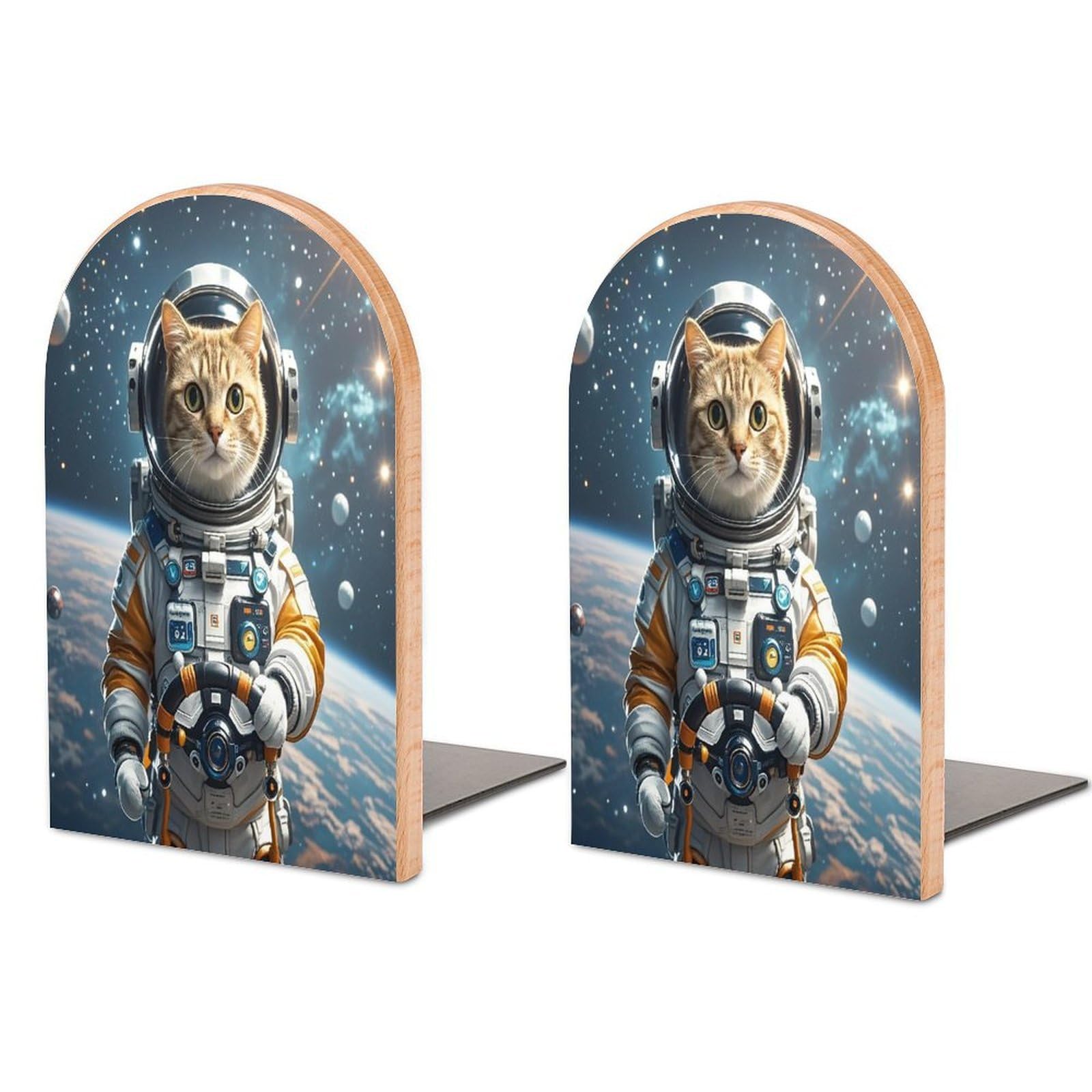 Astronaut Cat in Space Bookend for Shelves Unique Book End Sturdy Books Holder Heavy Duty Wooden Bookends Support Non-Slip Book Organizers Decorative Modern Bookend Holder for Home