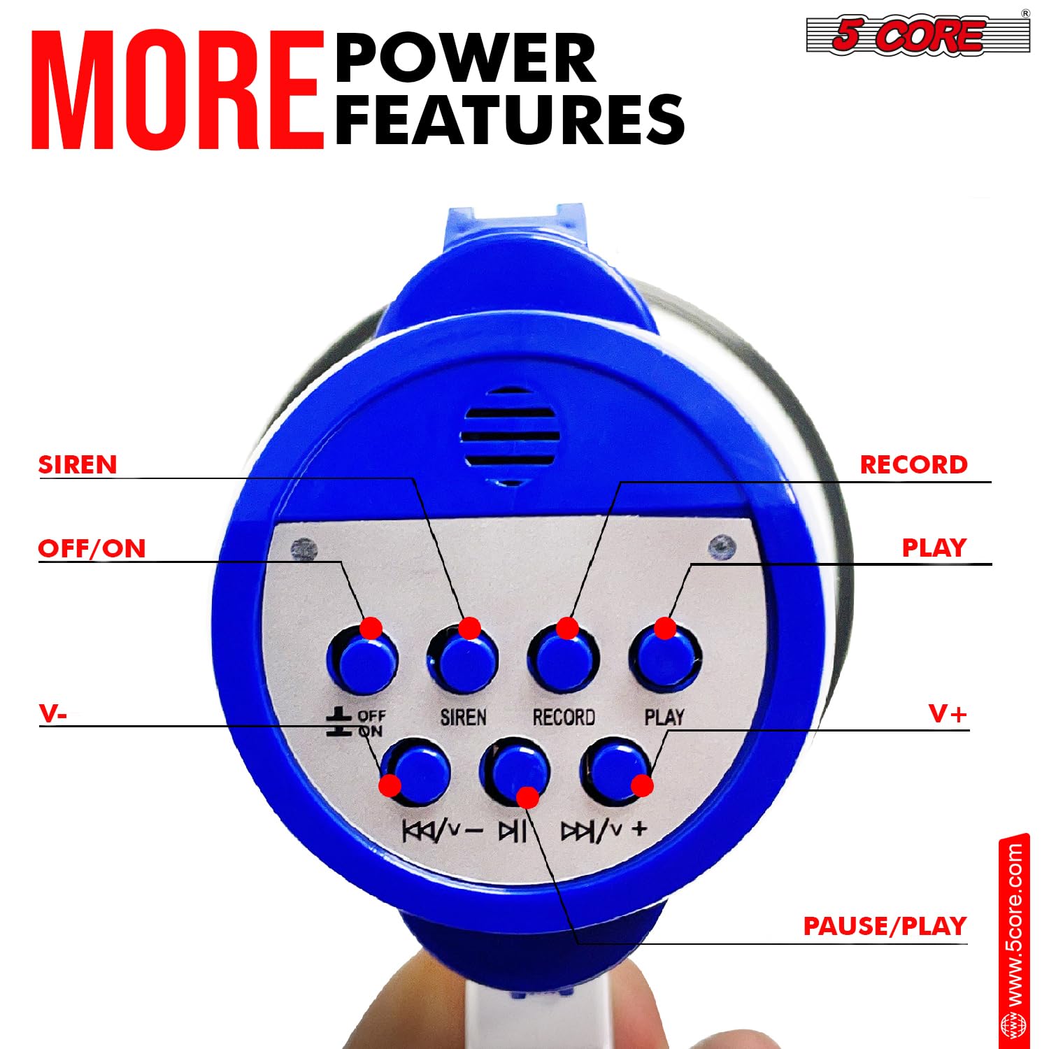 5 CORE Megaphone Speaker Portable • 30W Bullhorn w Siren • Adjustable Volume Bull Horn Battery Powered Handheld Mega Phone for Coaches Safety Drill- 8R-USB-WB